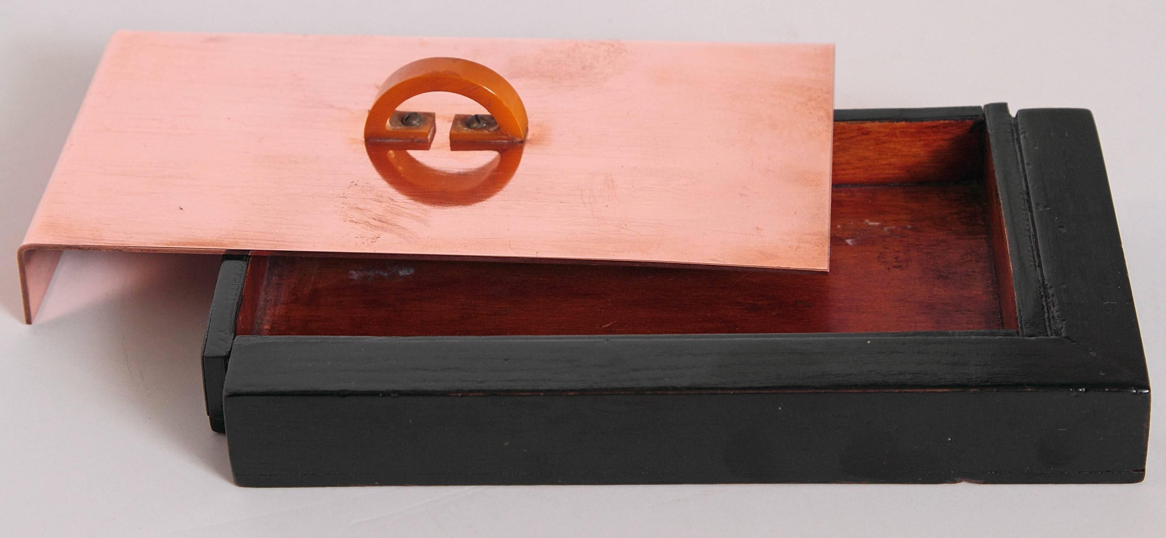 Machine Age Art Deco Asymmetric Covered Box in Copper, Catalin and Lacquer For Sale 4