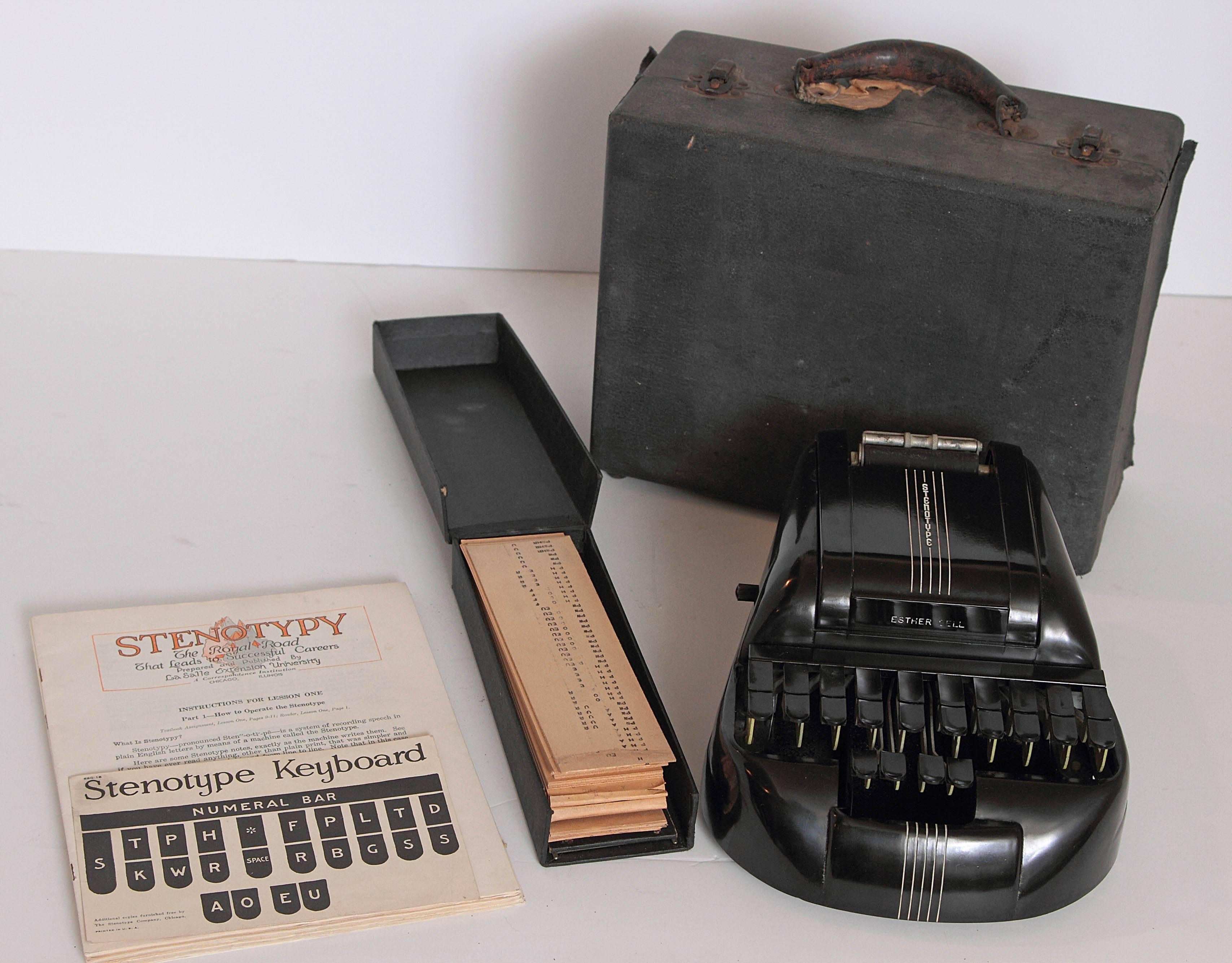 Machine Age Art Deco Streamline Black Bakelite Stenography Set circa 1939  PRICE REDUCED

William Petzold's extreme industrial re-design for The Stenotype Company.
Patent granted in 1940 to Petzold, assignor to General Electric.
One of our favorite