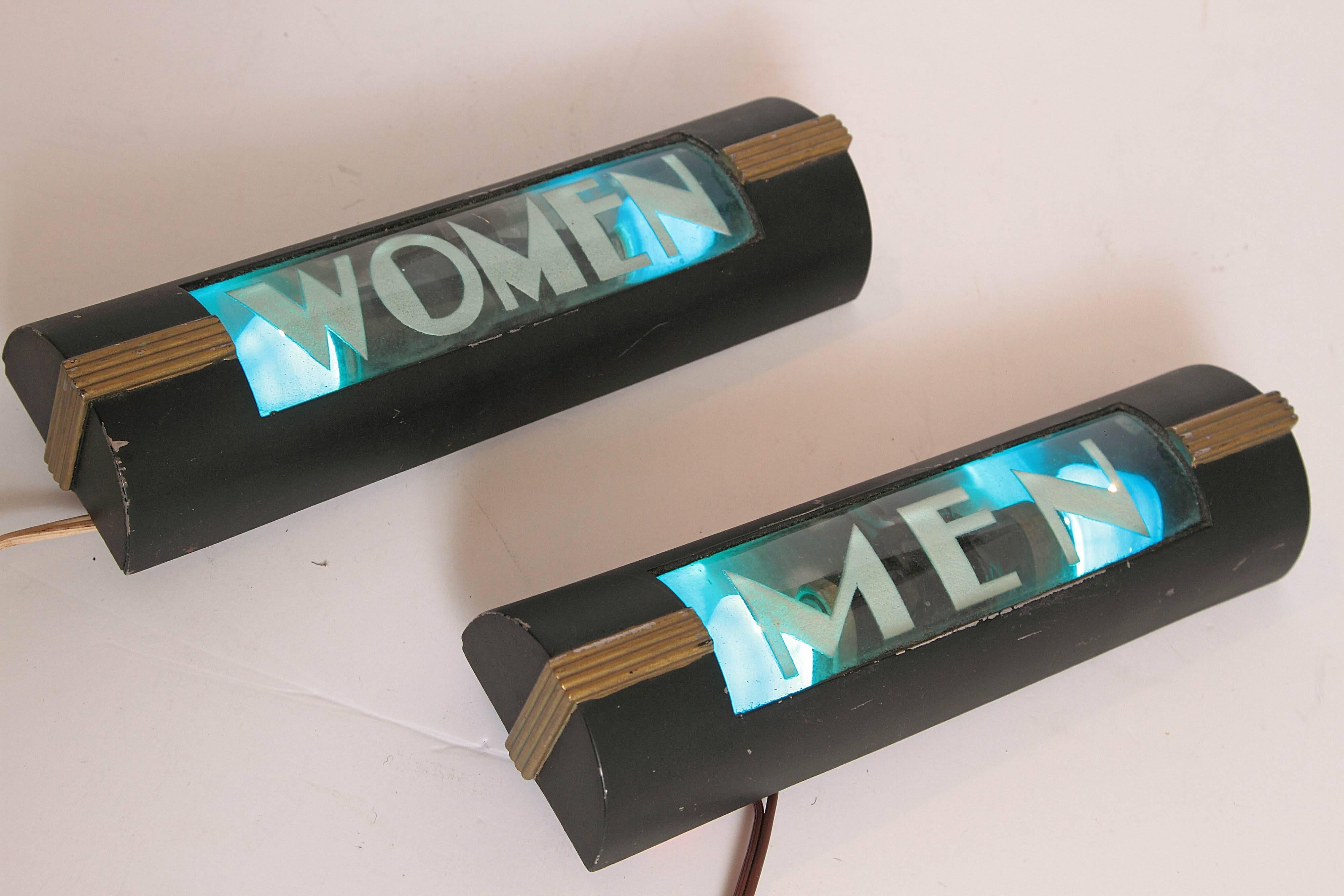 Mid-20th Century Art Deco Machine Age Streamline Lighted Restroom Signs,  After Loewy or Dreyfuss For Sale