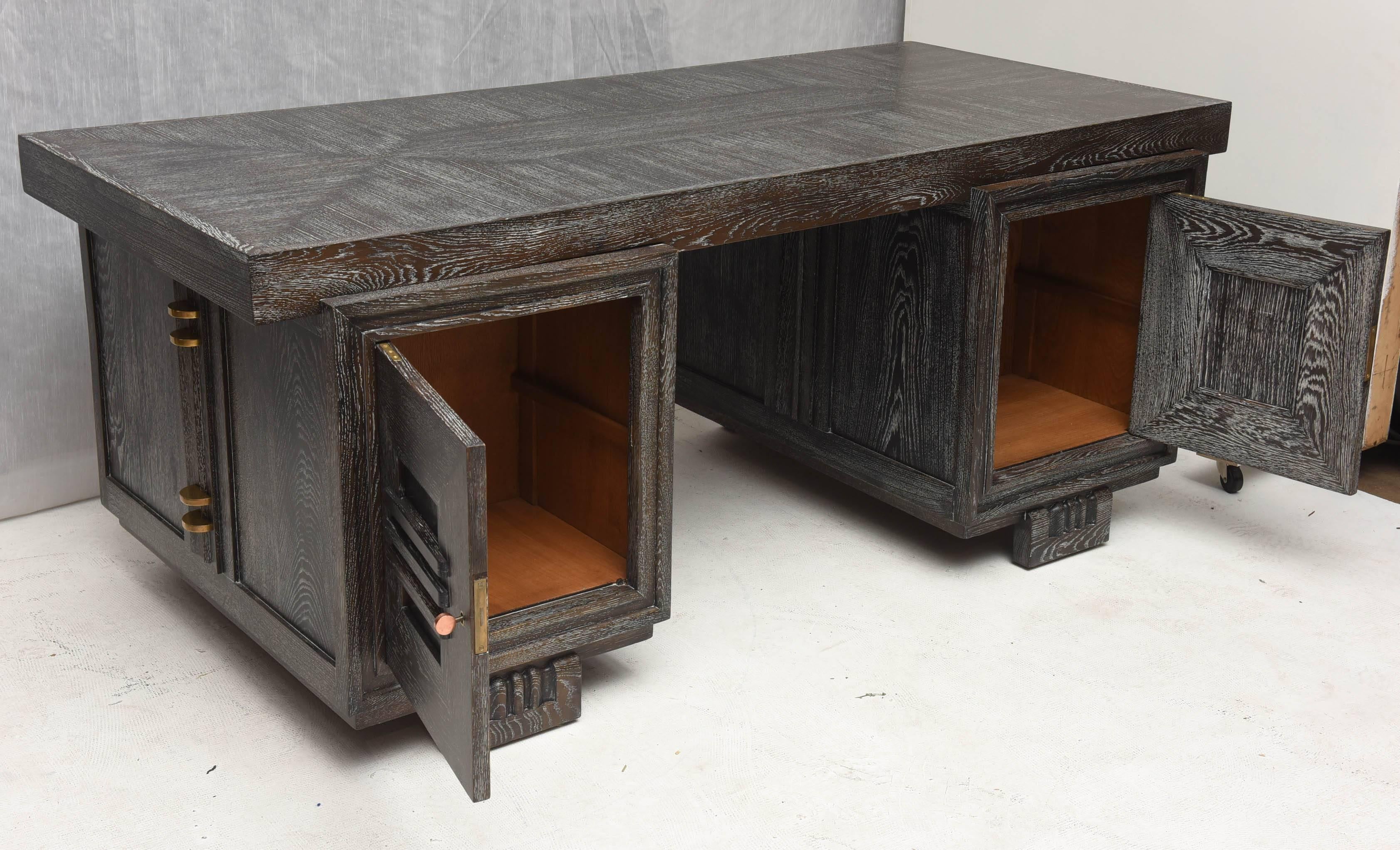 French Art Deco Cerused Oak Desk by Charles Dudouyt 1