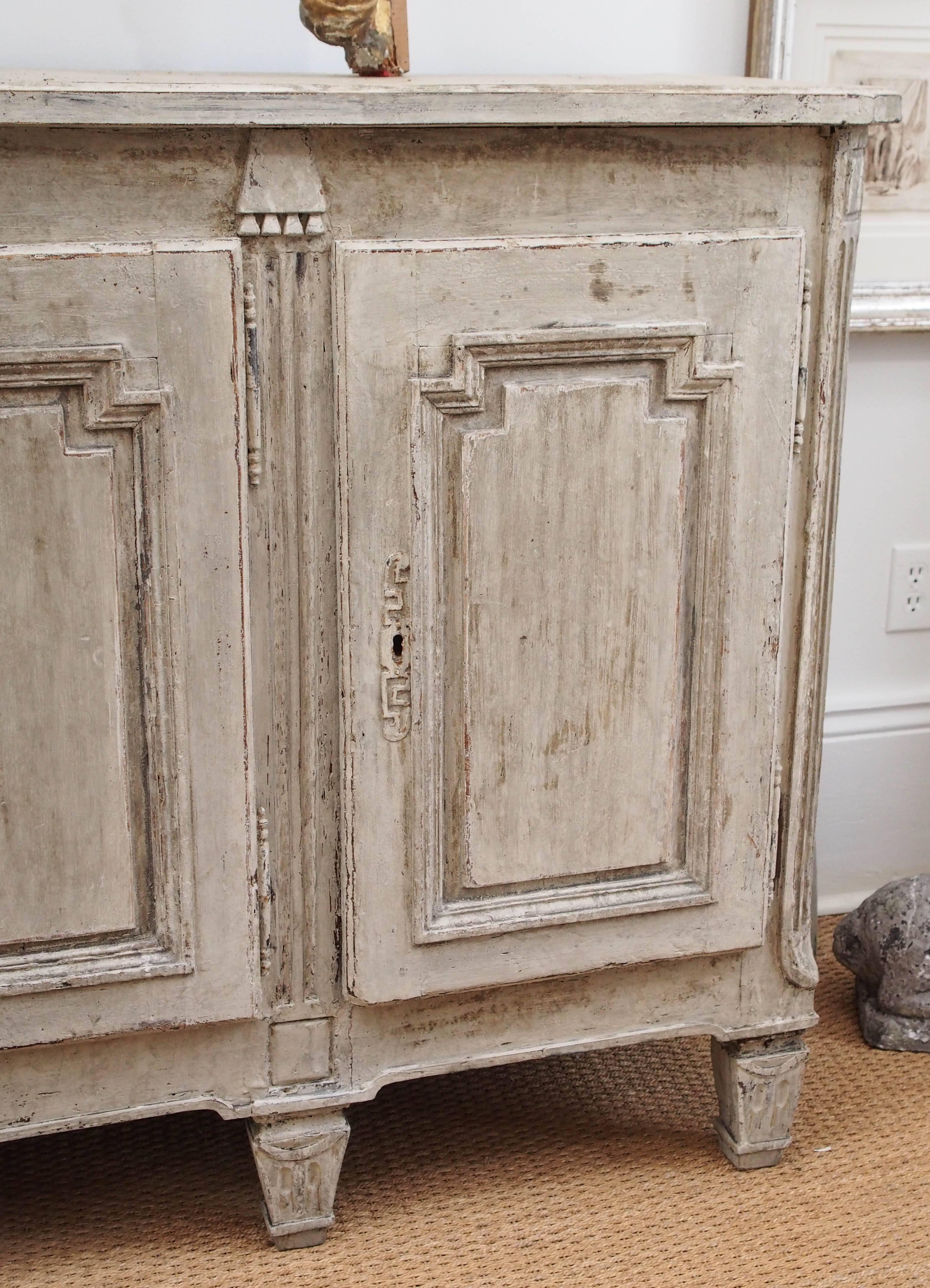 Italian painted 18th century enfilade buffet. Four doors pale blue grey.