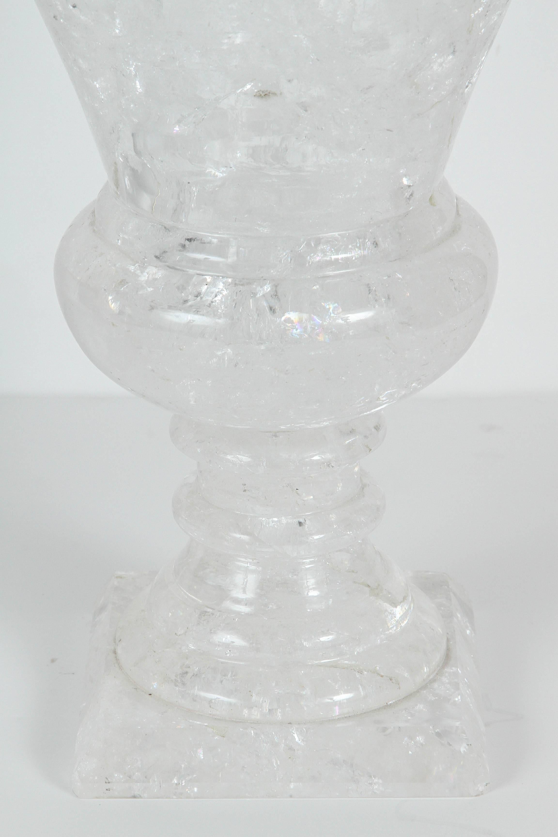 Pair of Modern Rock Crystal Urns In Excellent Condition In Los Angeles, CA