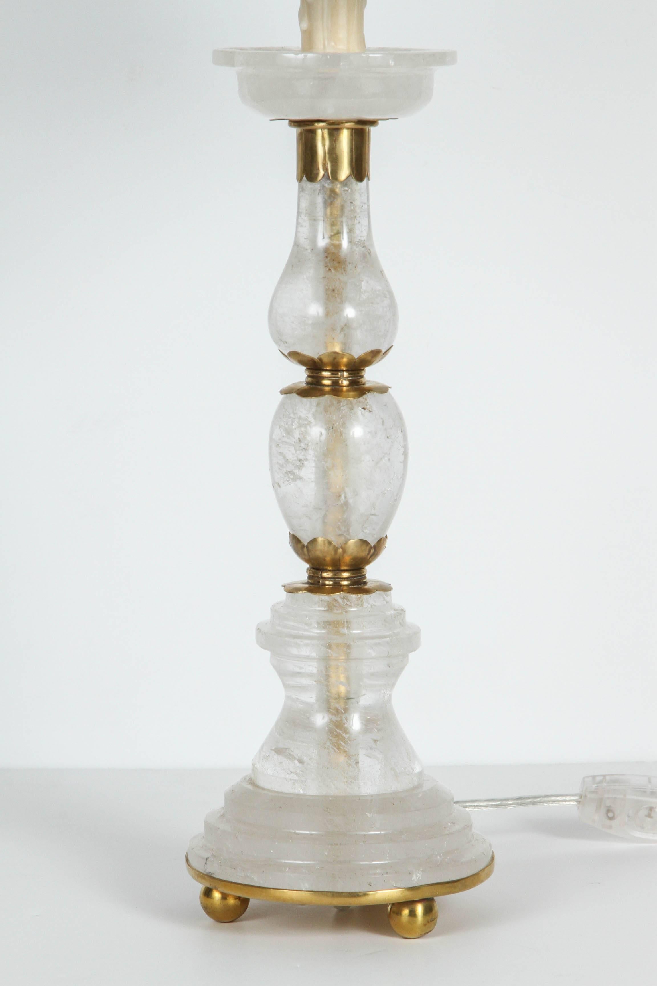 Brazilian Pair of Rock Crystal Lamps with Brass Fittings