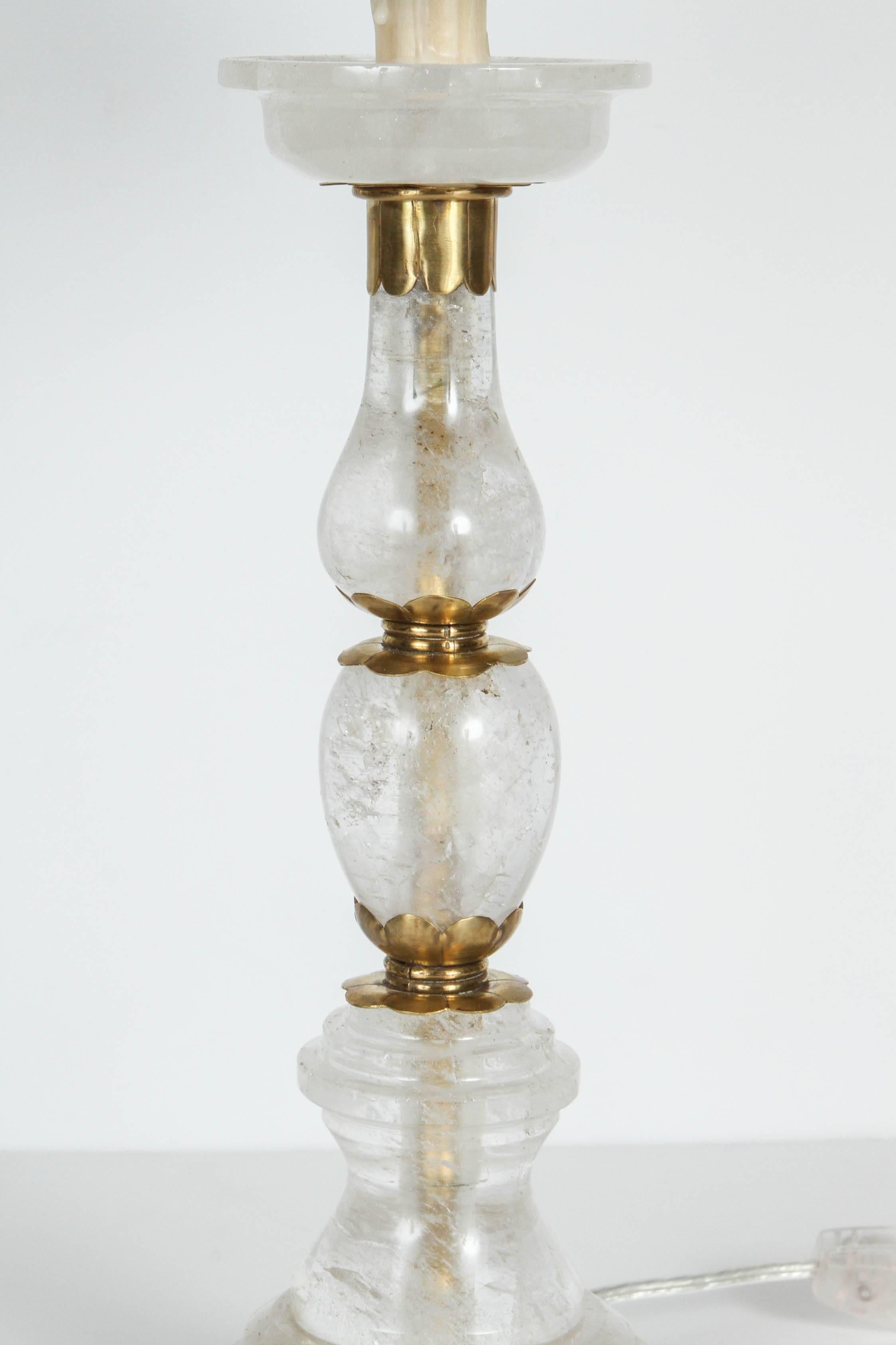 Contemporary Pair of Rock Crystal Lamps with Brass Fittings