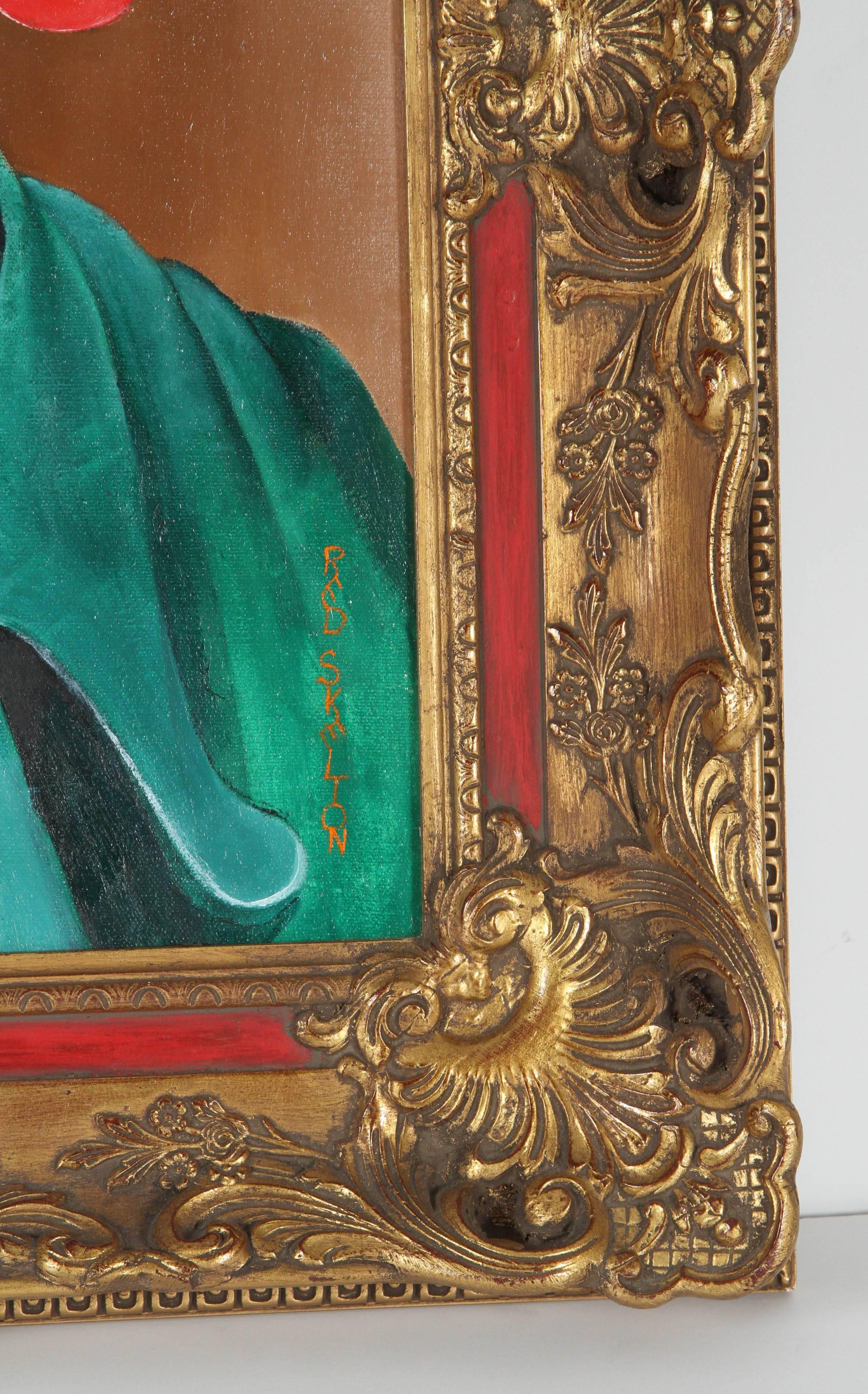 Peinture à l'huile originale signée de Red Skelton représentant un clown avec un sucre d'orge. Le cadre n'est pas ancien. Les mesures de l'image sont : 16 pouces de large x 20 pouces de haut x 1::5 pouces de profondeur.