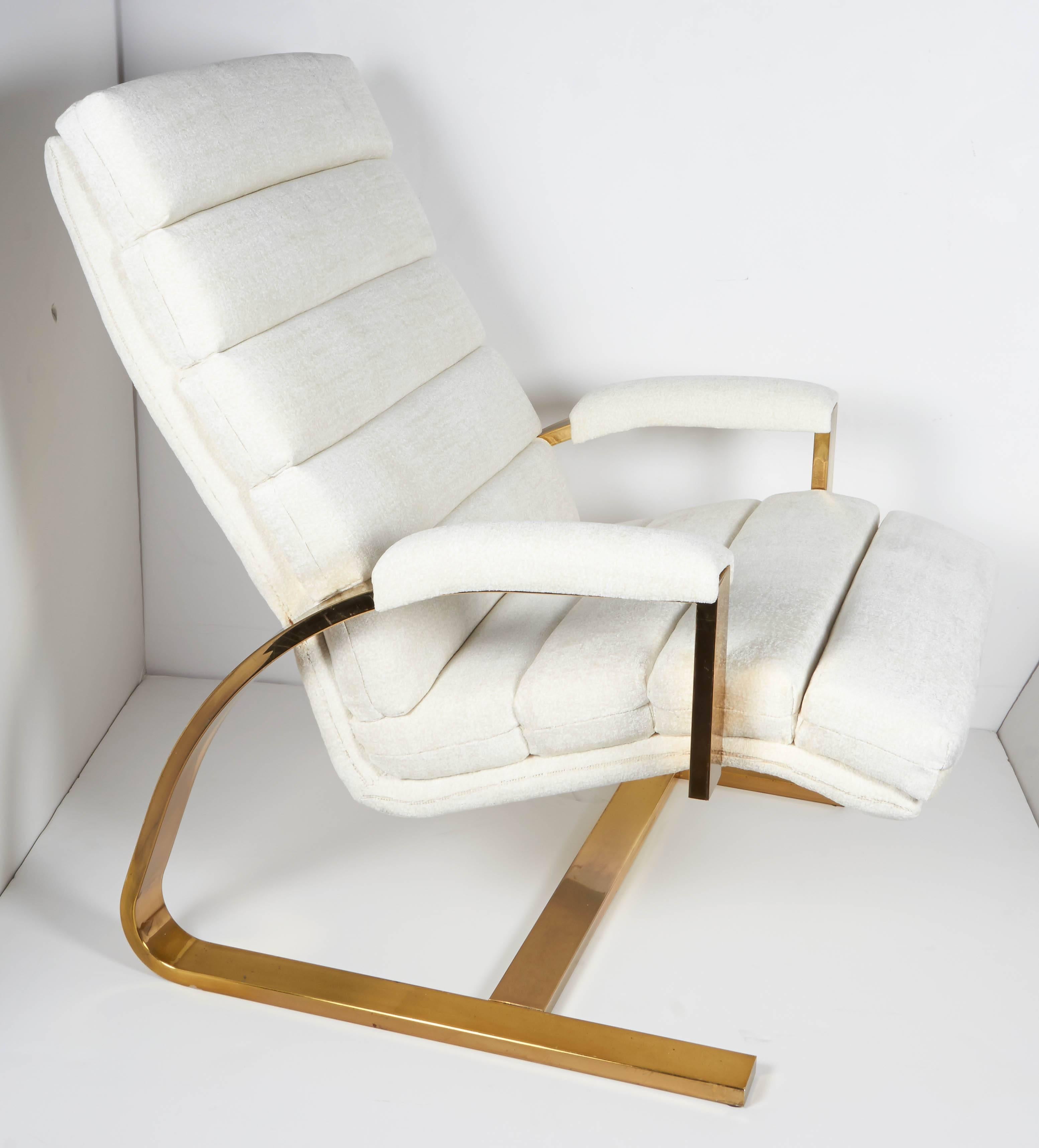 American Pair of Rare Milo Baughman Lounge Chairs with Brass Cantilevered Frames