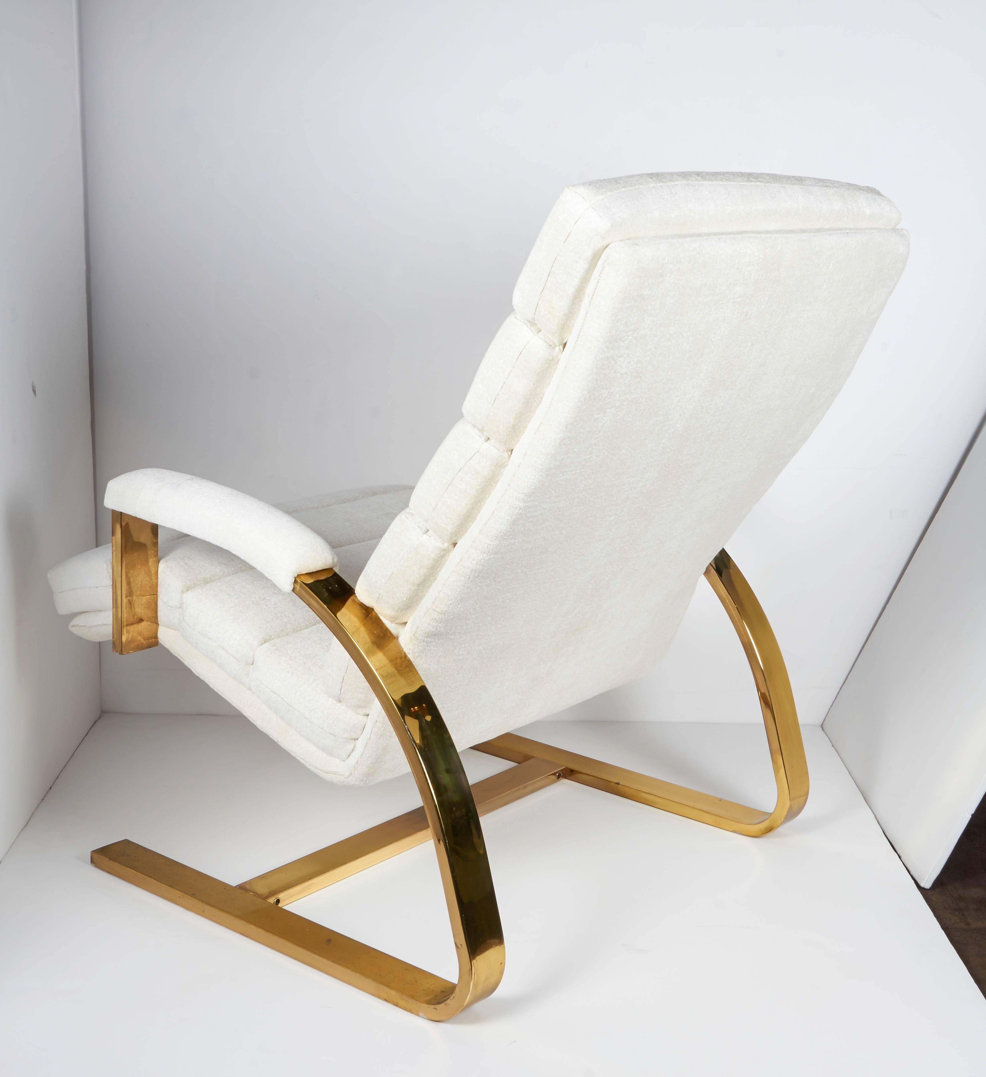 Pair of Rare Milo Baughman Lounge Chairs with Brass Cantilevered Frames In Excellent Condition In Fort Lauderdale, FL