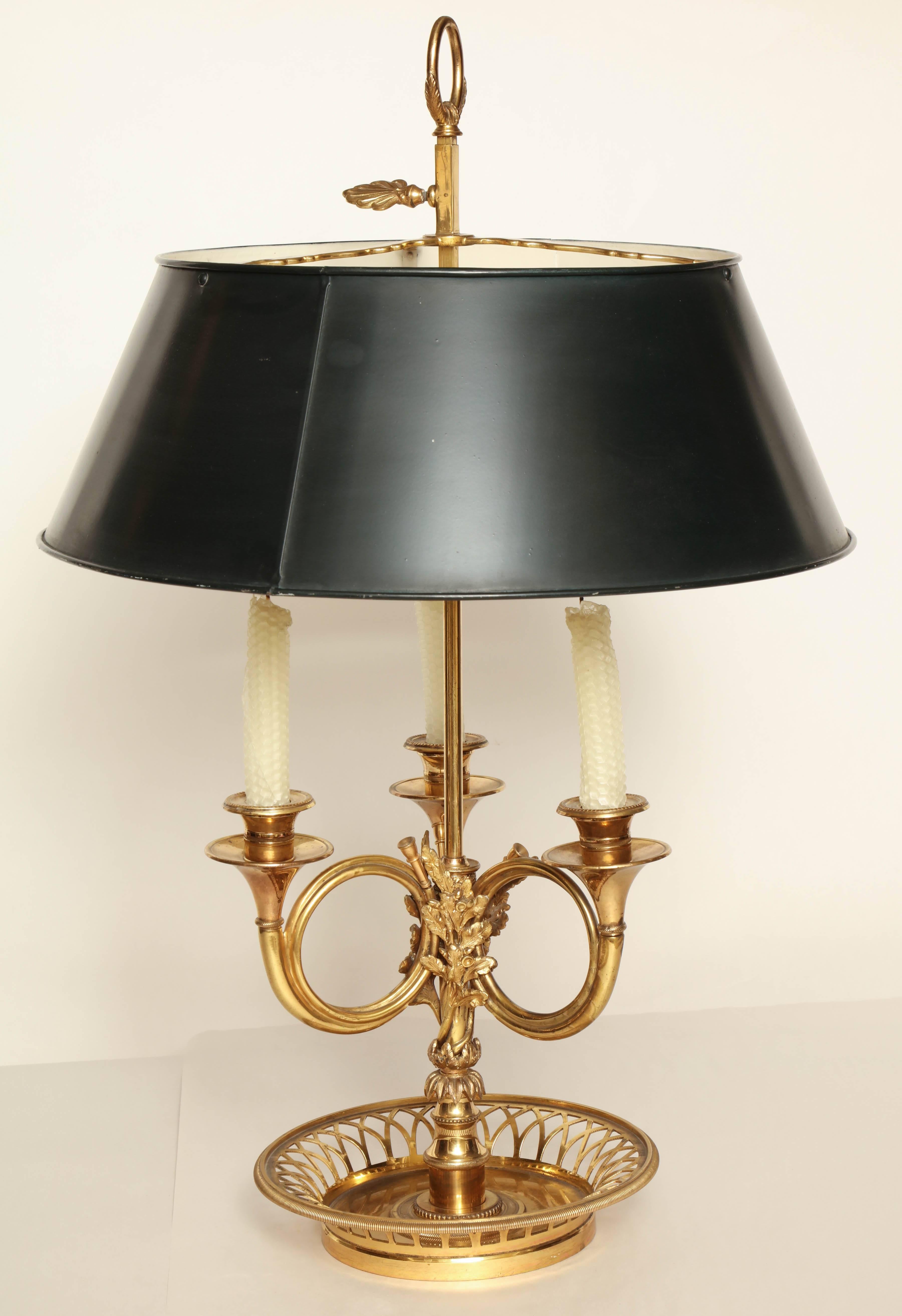 French Brass Bouillotte Two-Light Table Lamp with Tole Shade