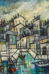Vibrant Mid-Century Oil Painting Cityscape Abstract, Unsigned