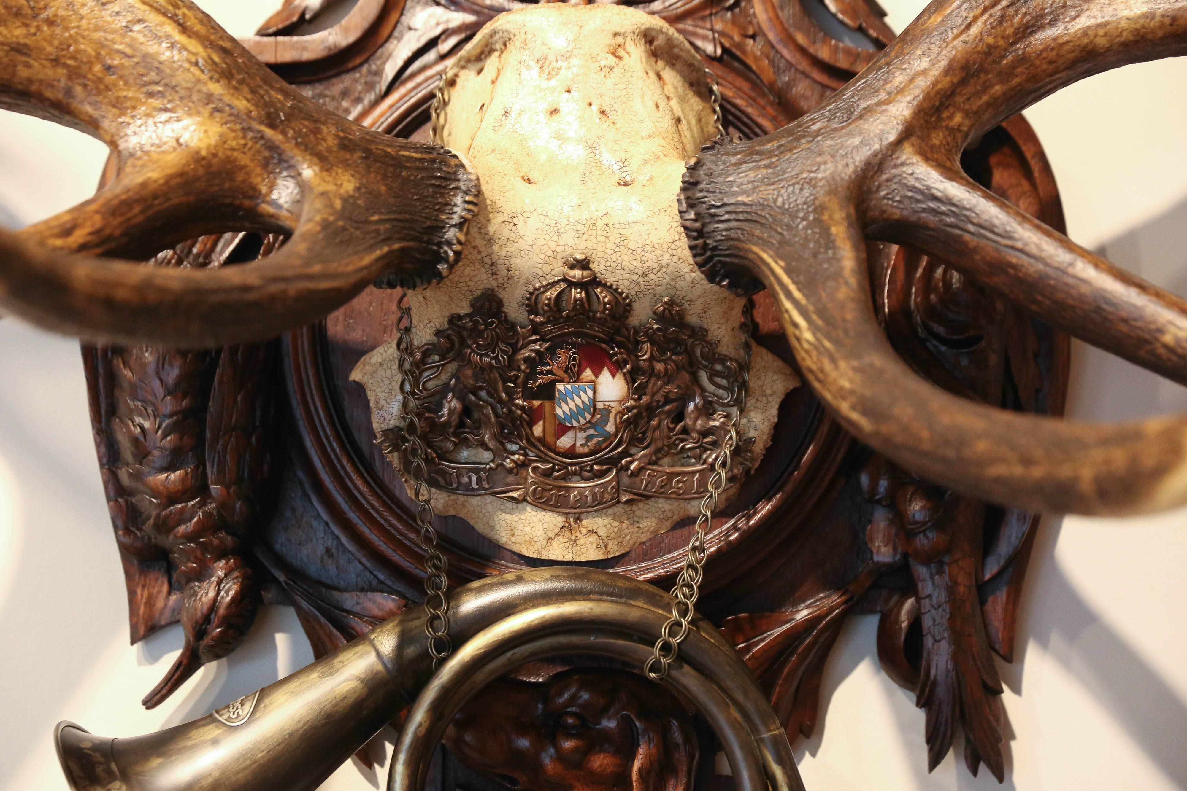Magnificent red stag trophy from the Habsburg hunting schloss (castle) of Emperor Franz Joseph at Eckartsau in the Southern Austrian Alps. Decorated with a wappen from an officer's pickelhaube or helmet and the original fürst pless hunting Horn