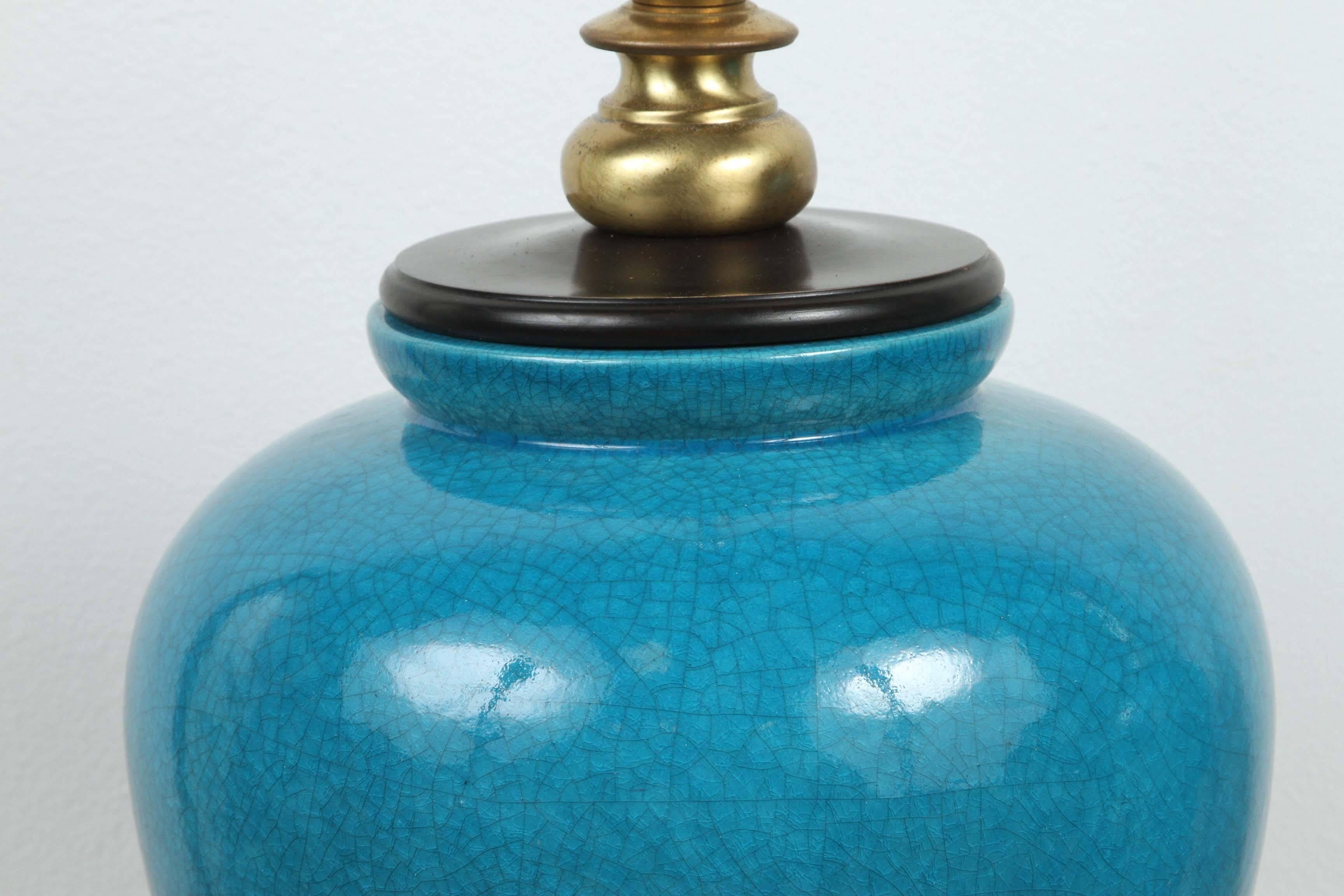 Glazed Pair of Large Ceramic Table Lamps with a Gorgeous Cerulean Glaze
