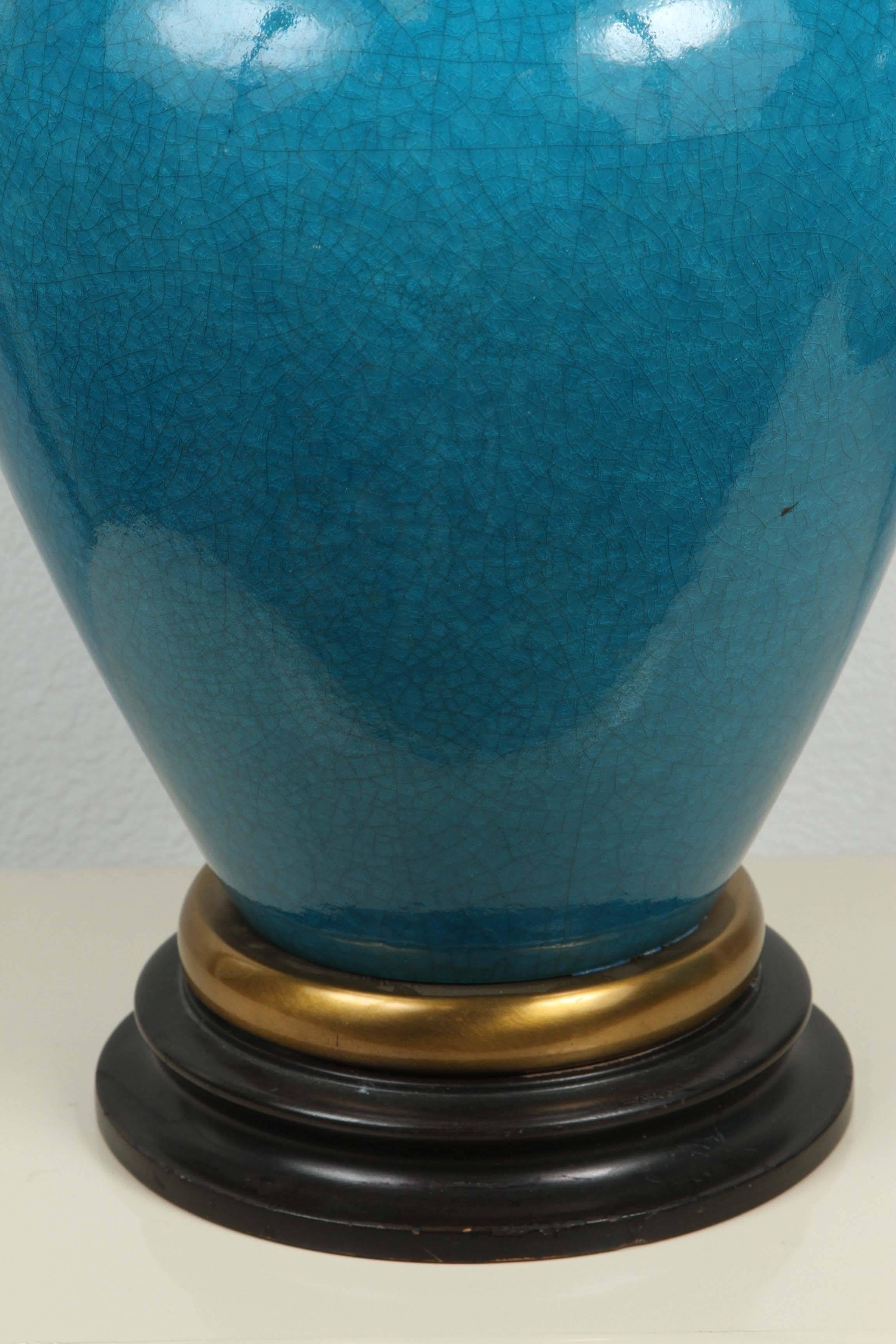 Pair of Large Ceramic Table Lamps with a Gorgeous Cerulean Glaze In Excellent Condition In New York, NY