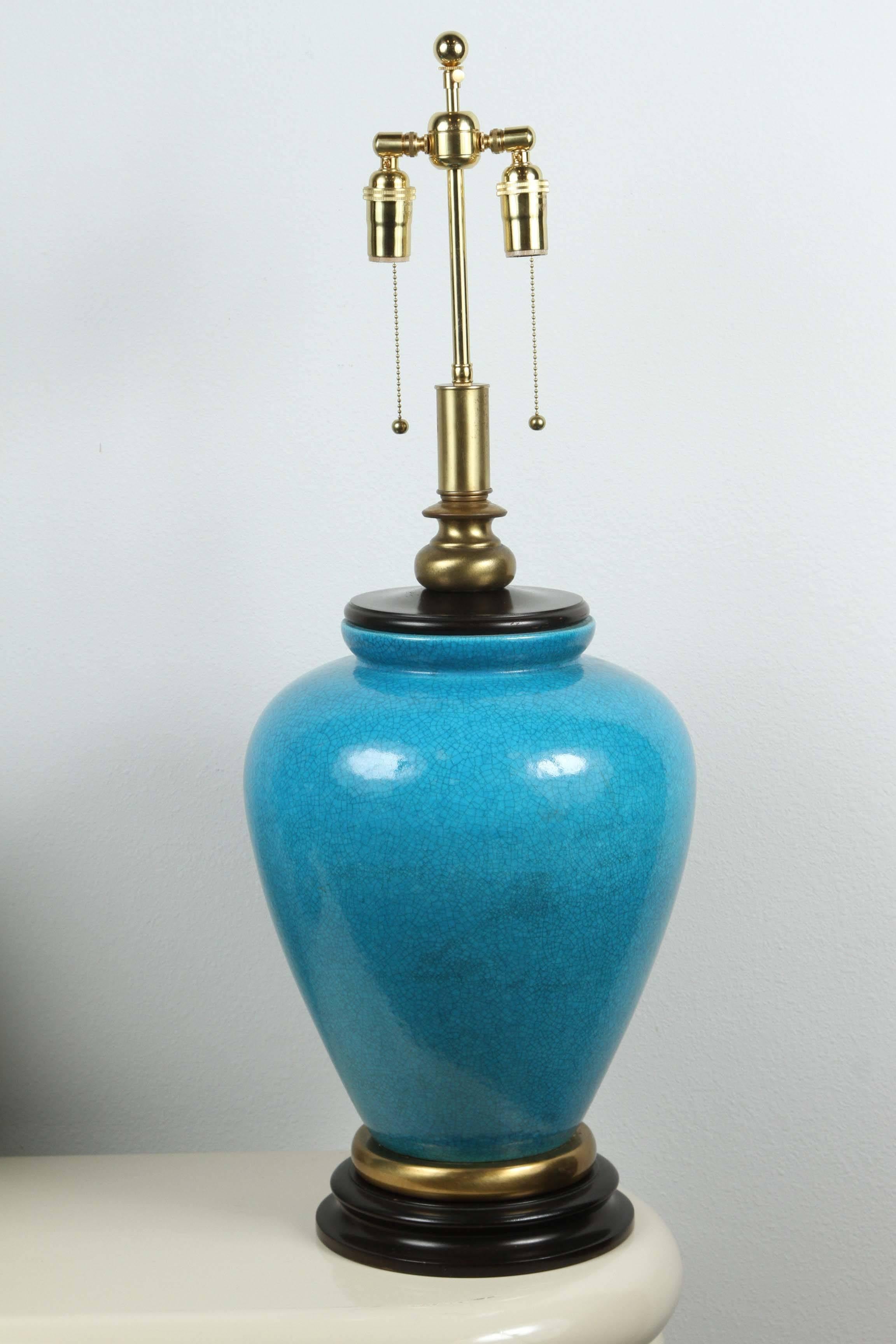 Mid-20th Century Pair of Large Ceramic Table Lamps with a Gorgeous Cerulean Glaze