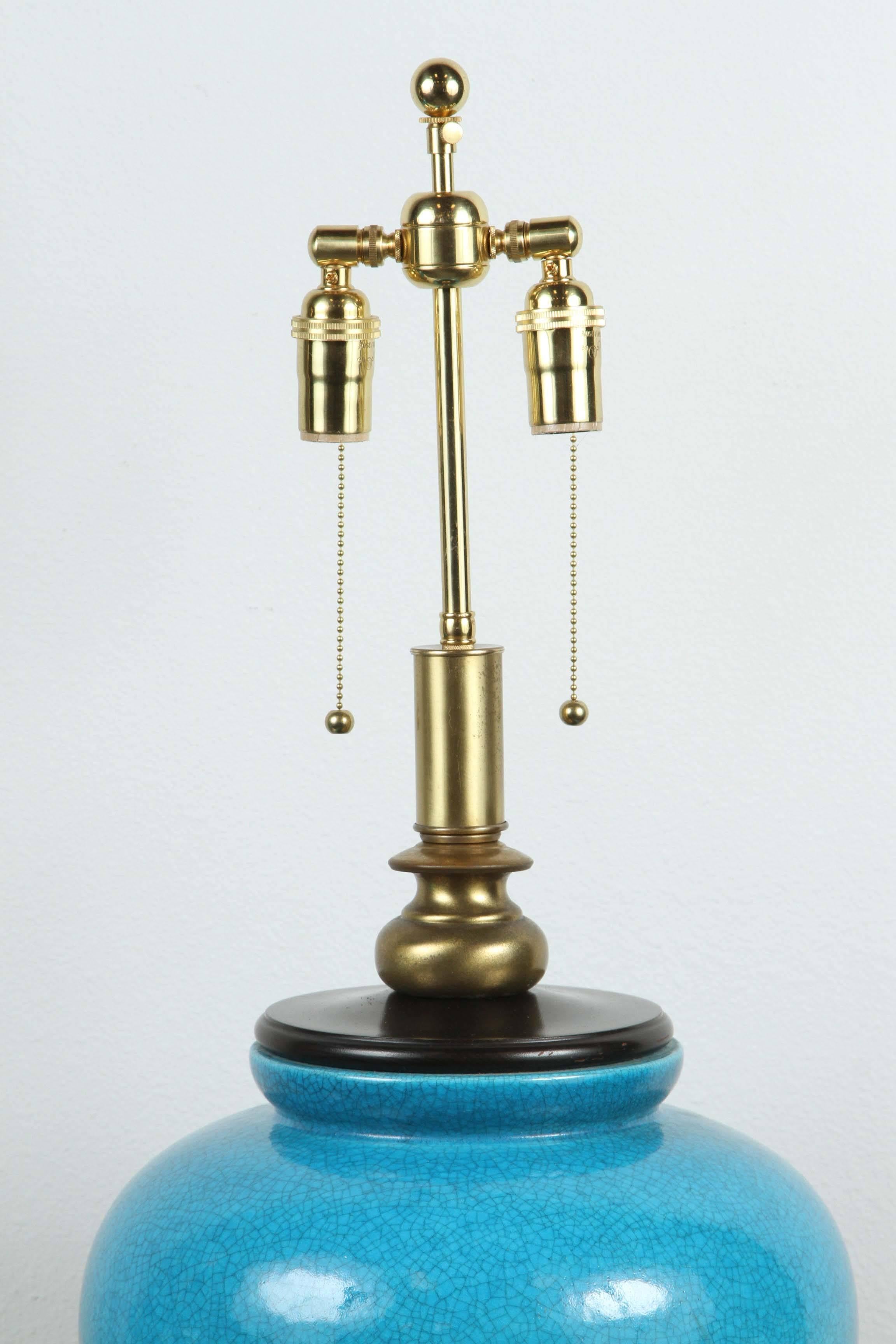 Brass Pair of Large Ceramic Table Lamps with a Gorgeous Cerulean Glaze