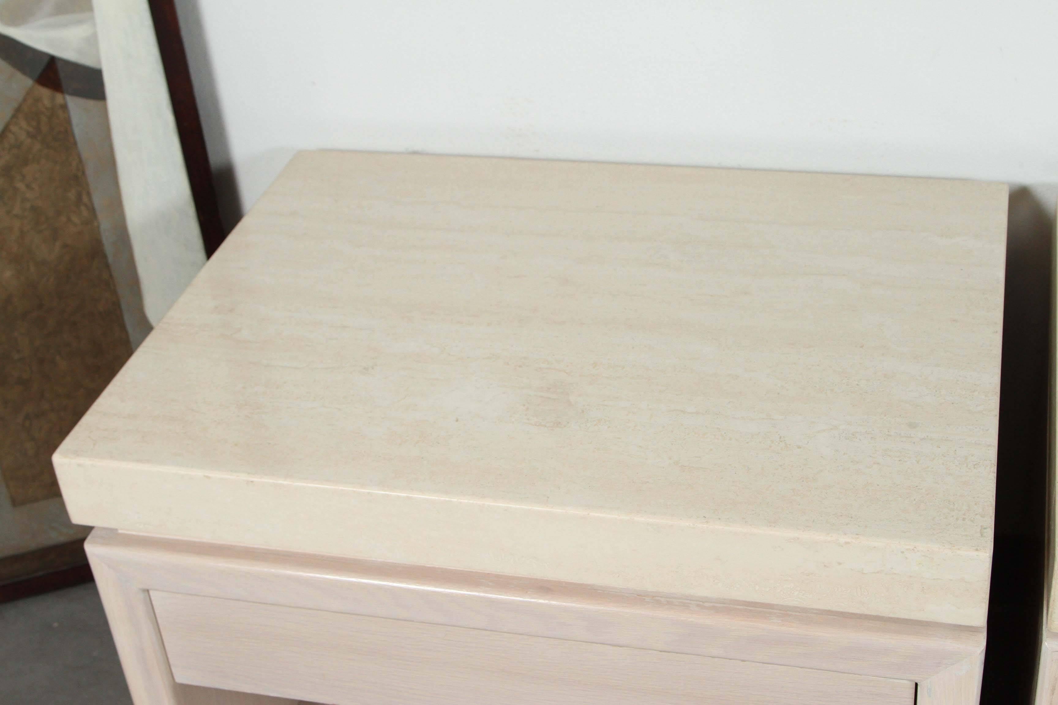 American Pair of End Tables with Polished Travertine Tops