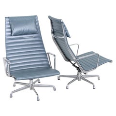 2005 Herman Miller Eames Aluminum Group Reclining Lounge Chairs in Blue Leather