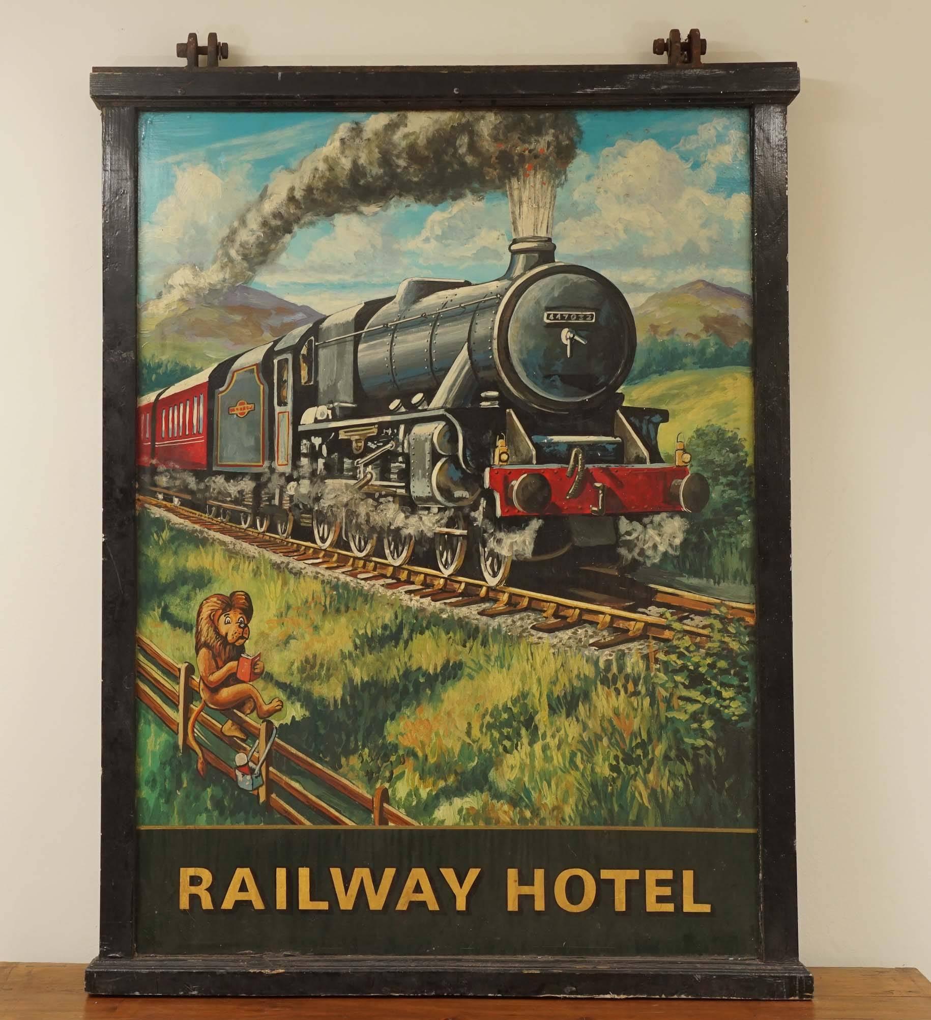 The Railway Hotel is located in several places in the UK and this two-sided sign sat outside and was visable from either side. Complete with its original frame and metal hooks to hold the sign, the subject matter is quite pleasing with crisp colors.