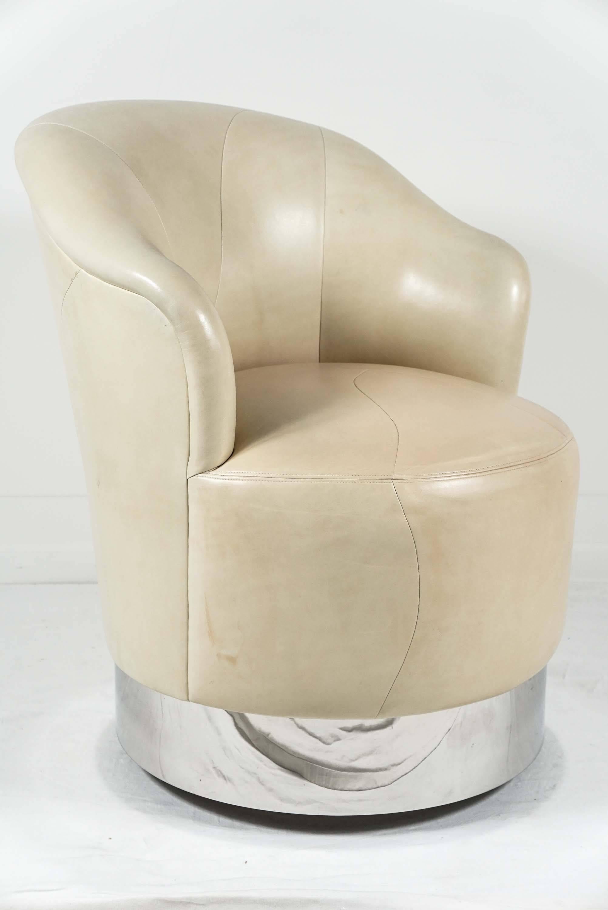 Mid-Century Modern Three Leather Swivel, Tilt Chairs in style of Karl Springer and Baughman For Sale