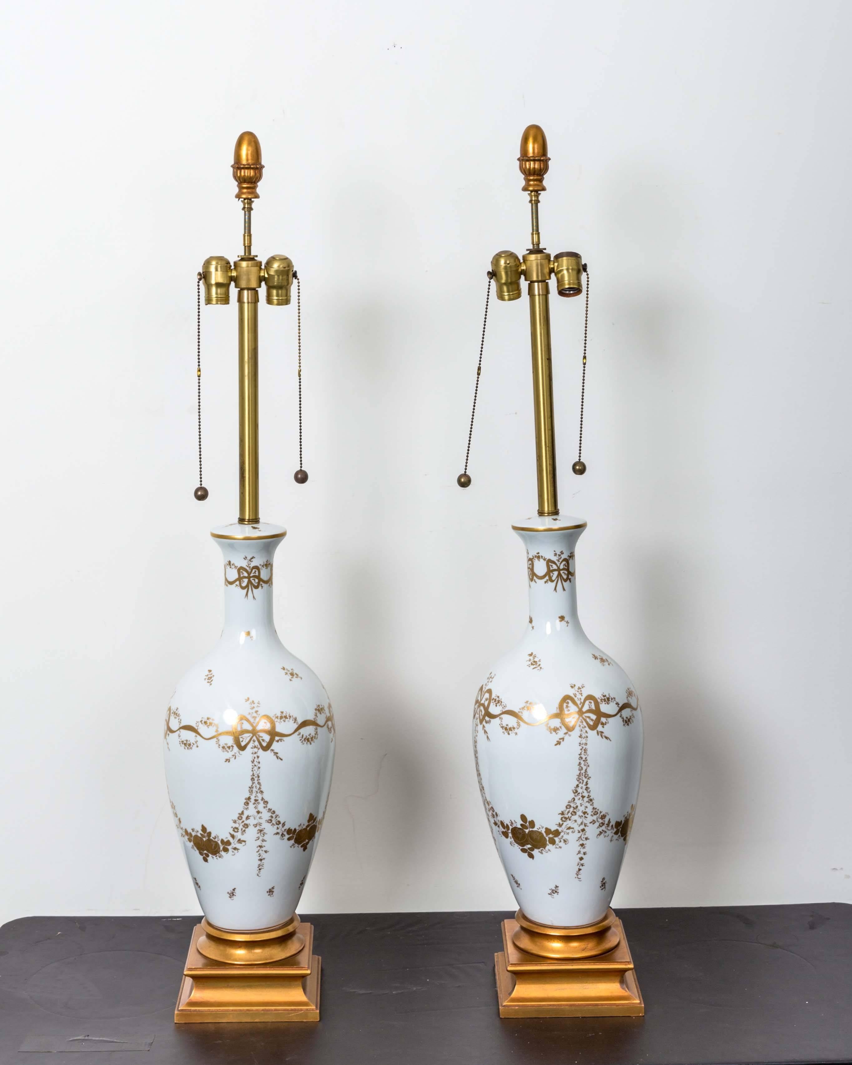 Hollywood Regency Pair of Monumental White French Porcelain Table Lamps For Sale