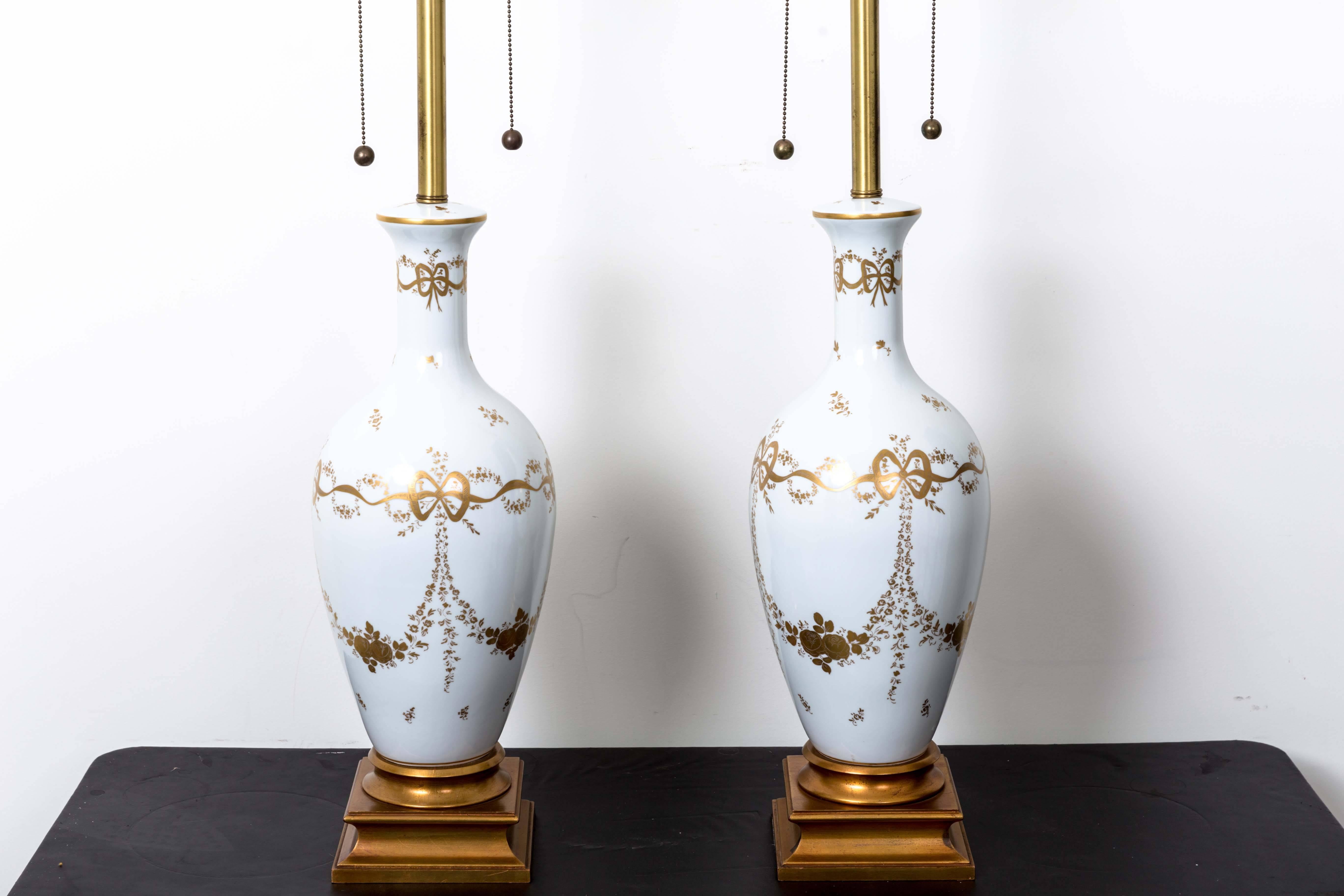 Brass Pair of Monumental White French Porcelain Table Lamps For Sale