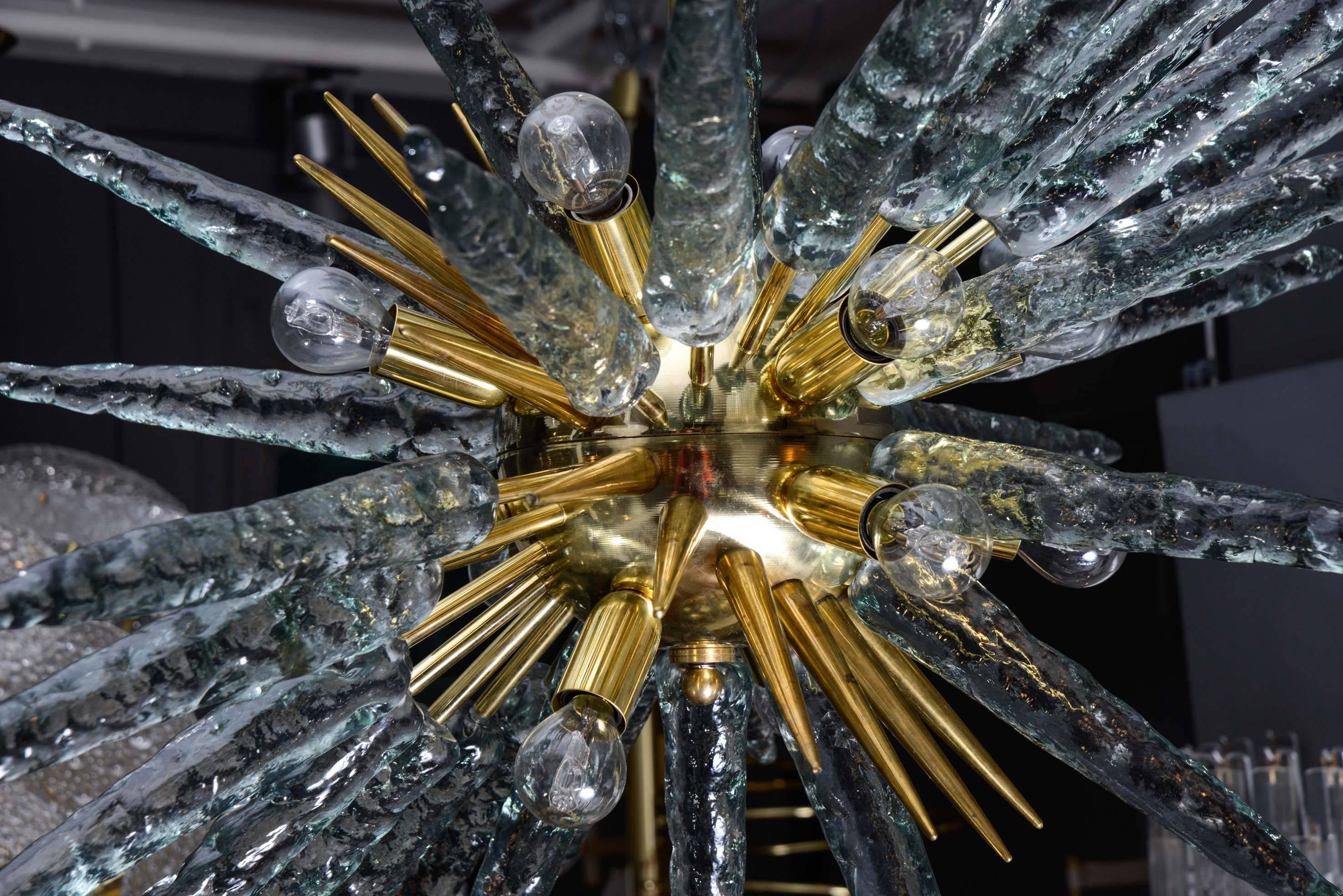 Mid-Century Modern Pair of Brass and Murano Glass Sputnik Chandeliers