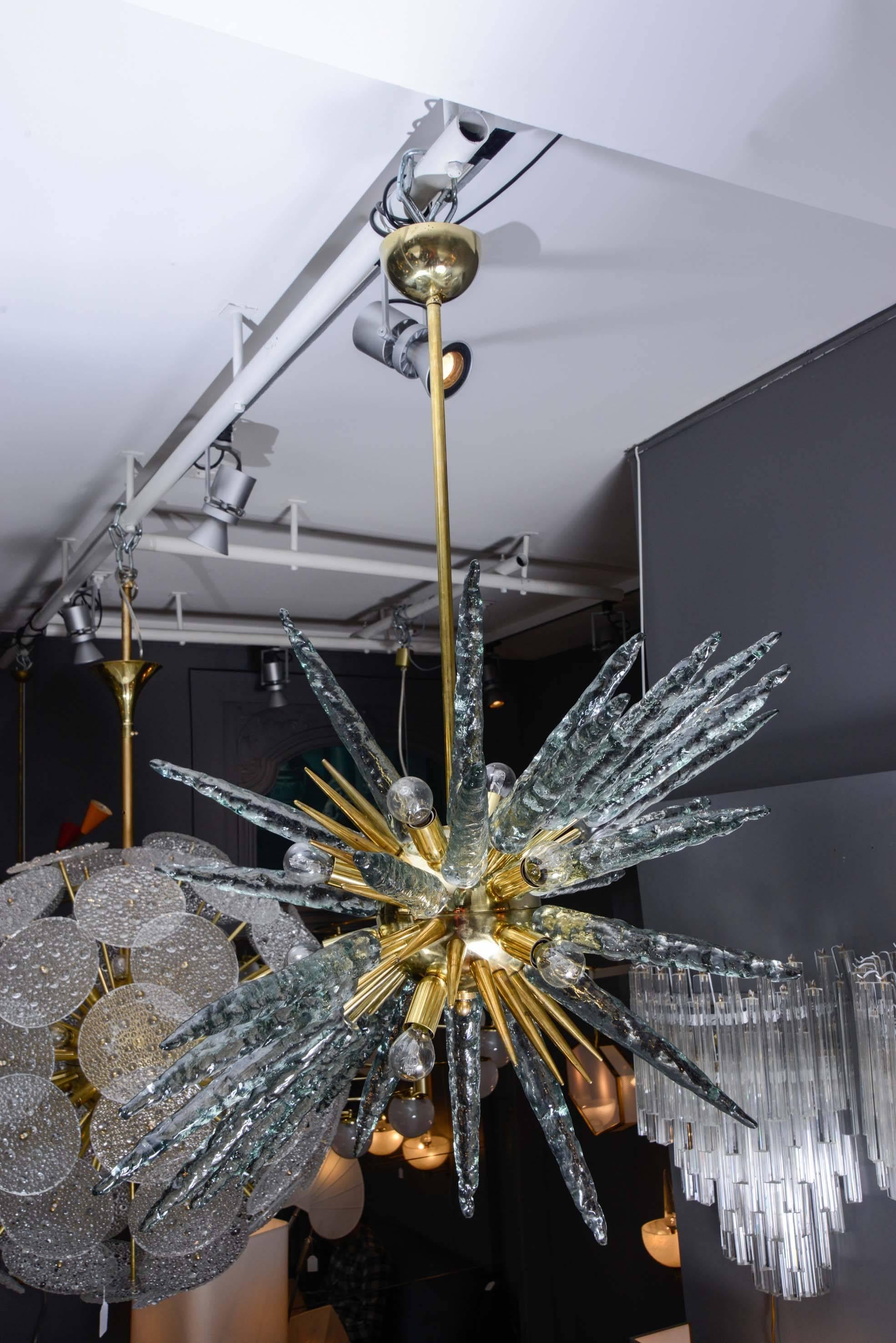 Contemporary Pair of Brass and Murano Glass Sputnik Chandeliers