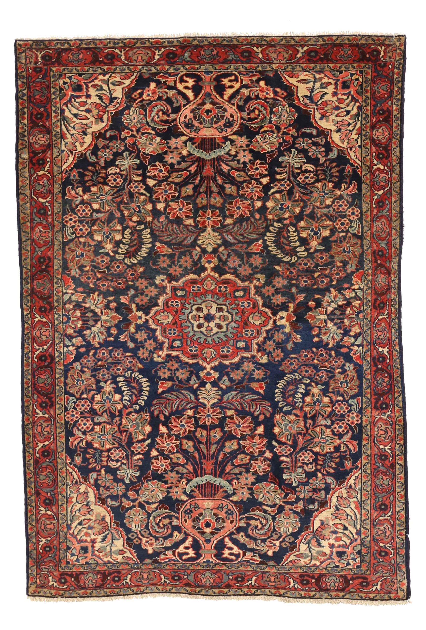 Petit tapis persan Hamadan vers 1910 - Laine ivoire marine bleu rouge - 10411