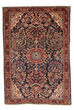 Petit tapis persan Hamadan vers 1910 - Laine ivoire marine bleu rouge - 10411