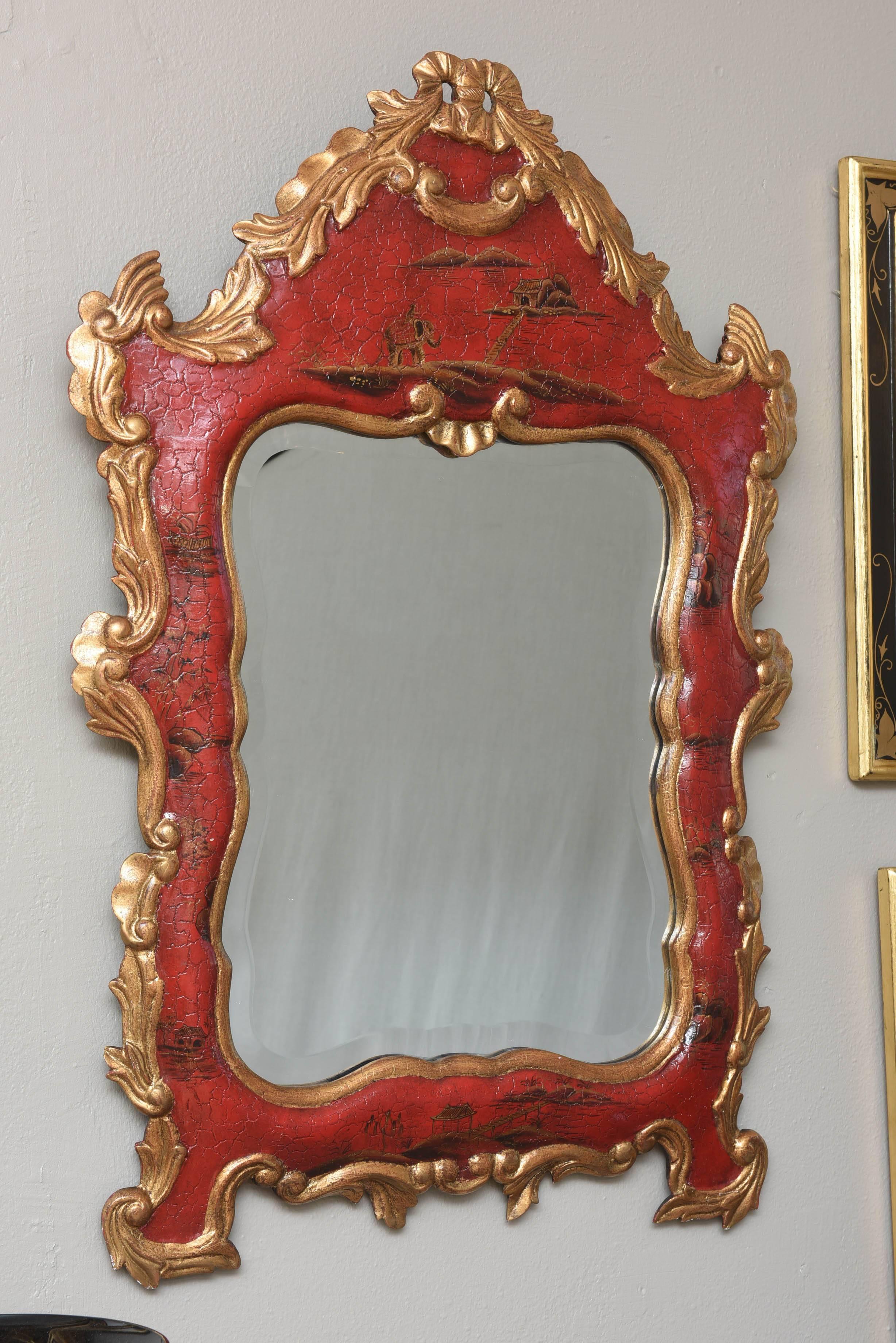 American Vintage Red Chinoiserie Gilt and Hand-Painted Mirror, Chippendale Style