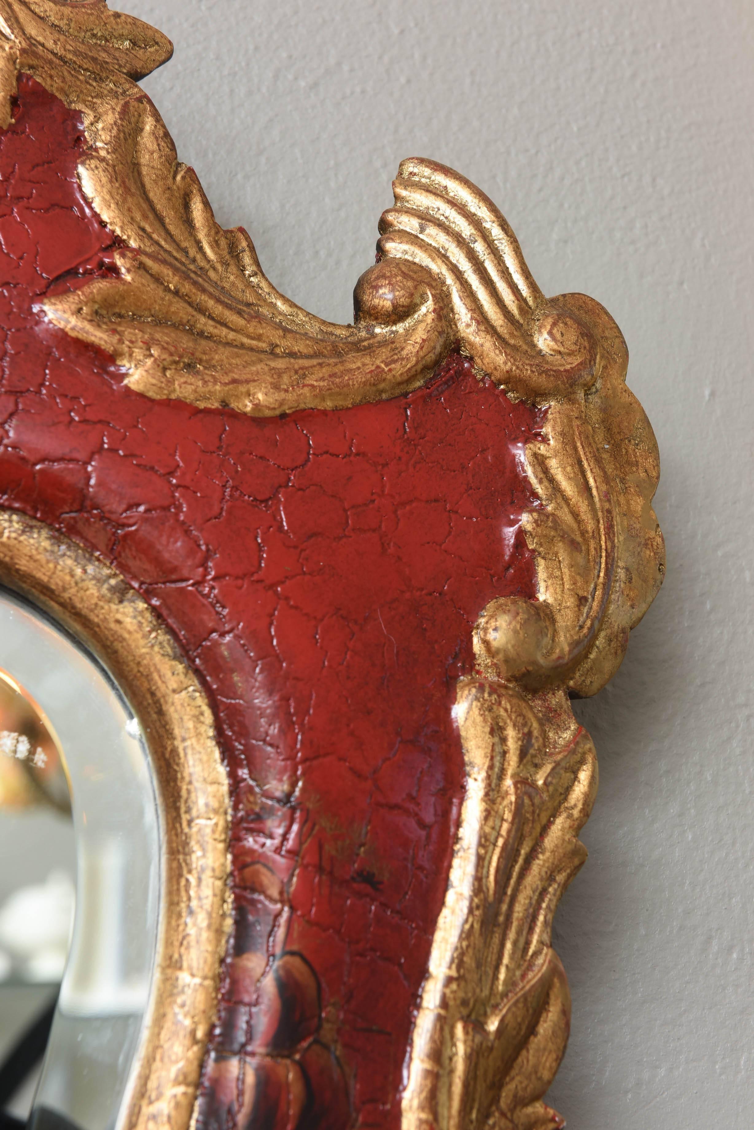 Hand-Crafted Vintage Red Chinoiserie Gilt and Hand-Painted Mirror, Chippendale Style