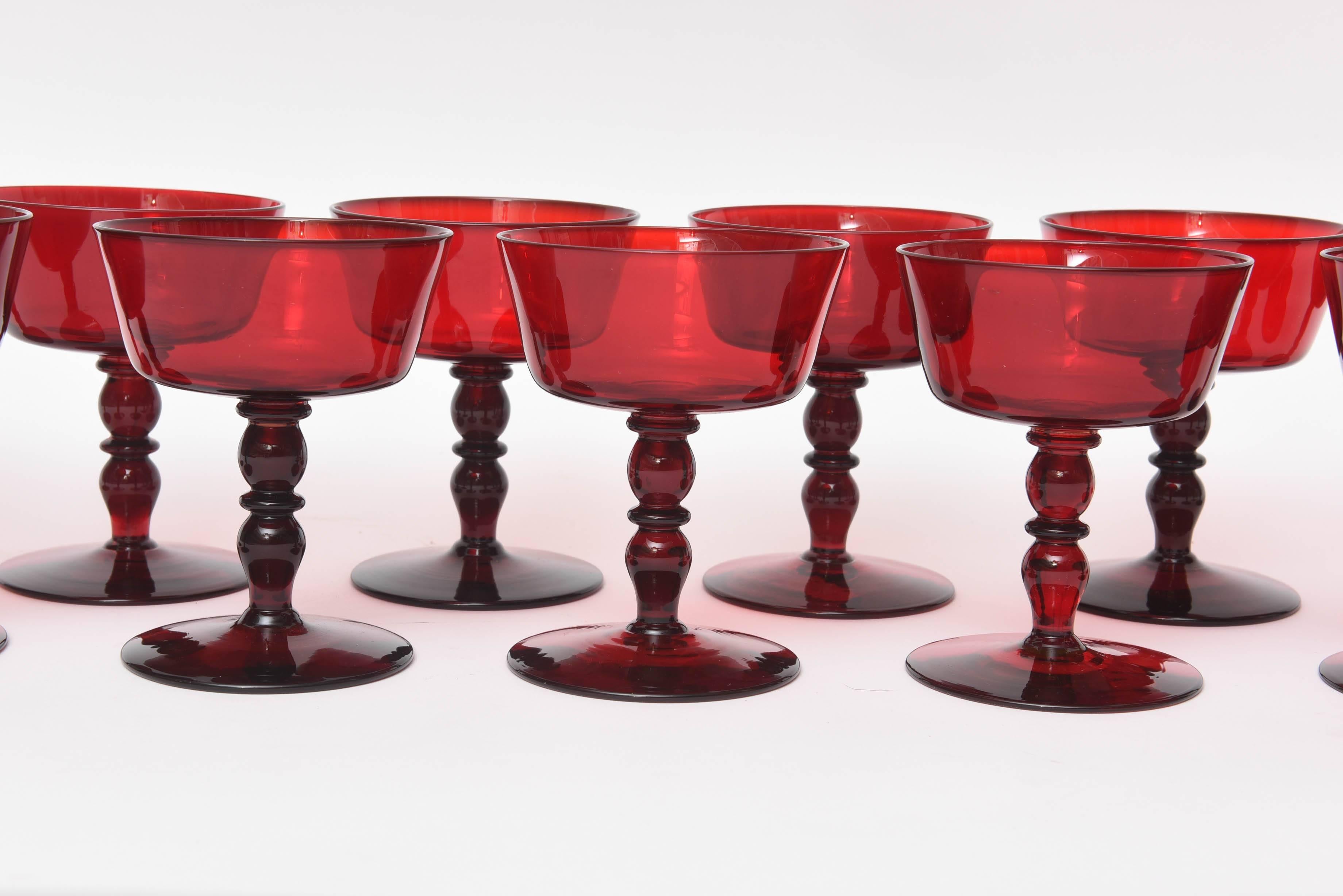 Hand-Crafted 12 Vibrant Mid-Century Modern Blown Red Champagne Coupes, Double Knob Stems