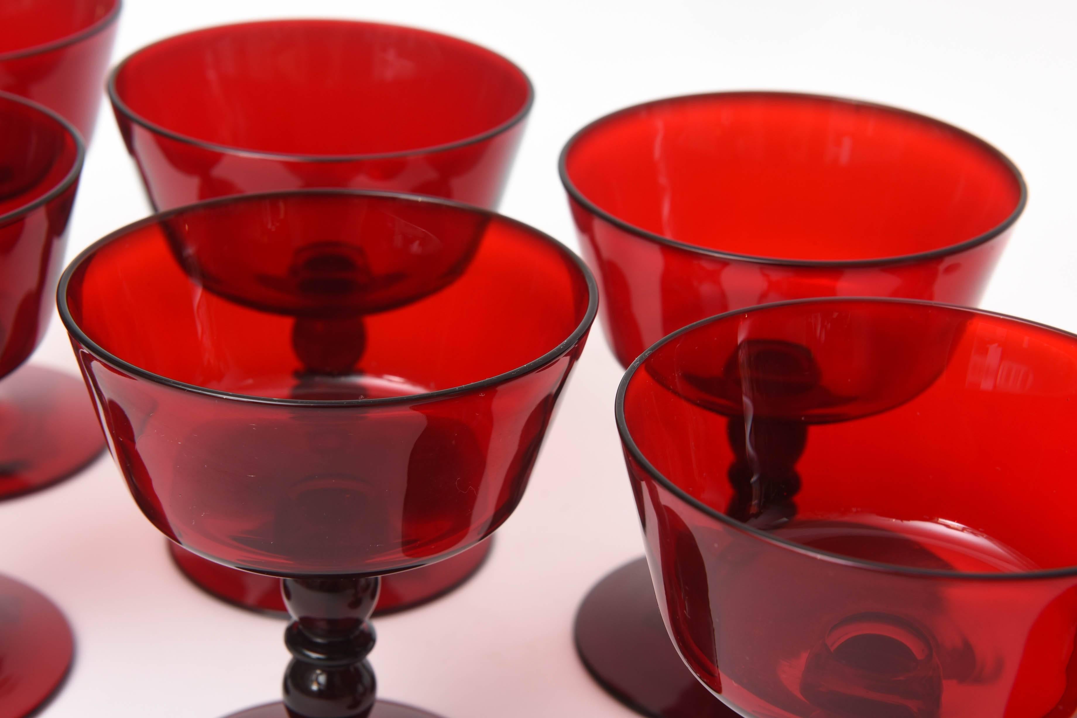 Glass 12 Vibrant Mid-Century Modern Blown Red Champagne Coupes, Double Knob Stems