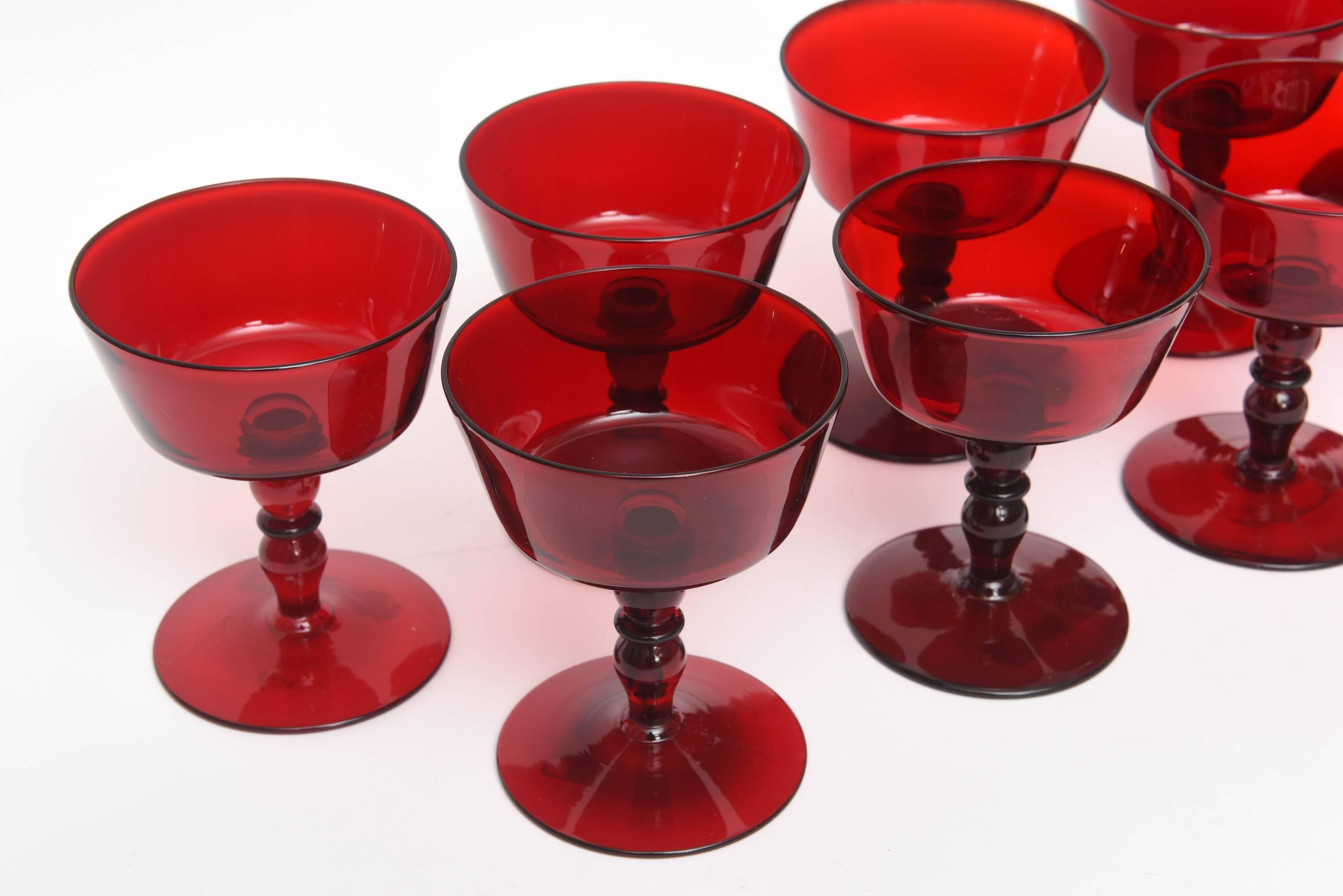 12 Vibrant Mid-Century Modern Blown Red Champagne Coupes, Double Knob Stems 1
