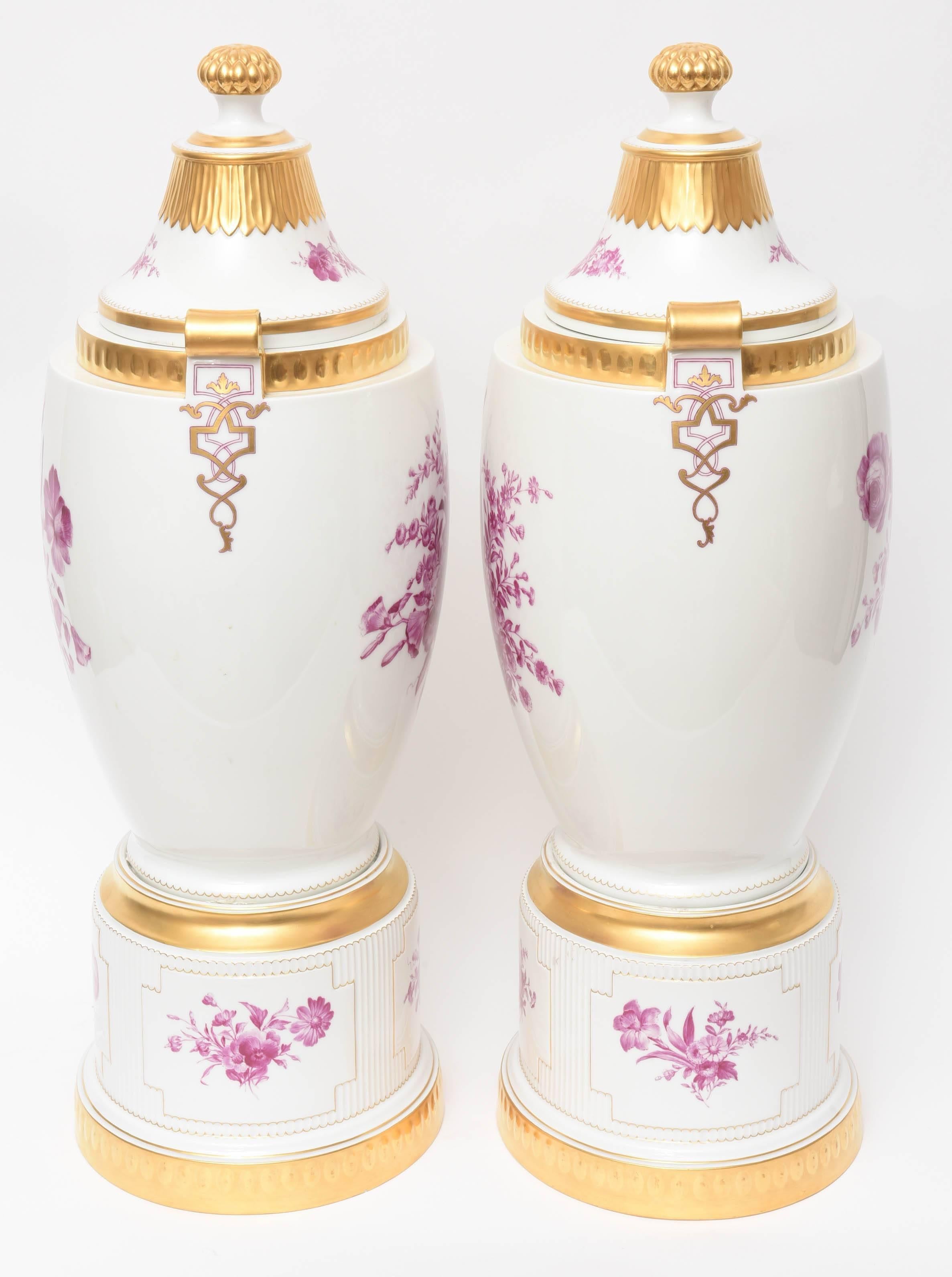 Hand-Crafted Monumental Pair of Antique Pedestal Urns, Hand-Painted, Copenhagen by Pederson