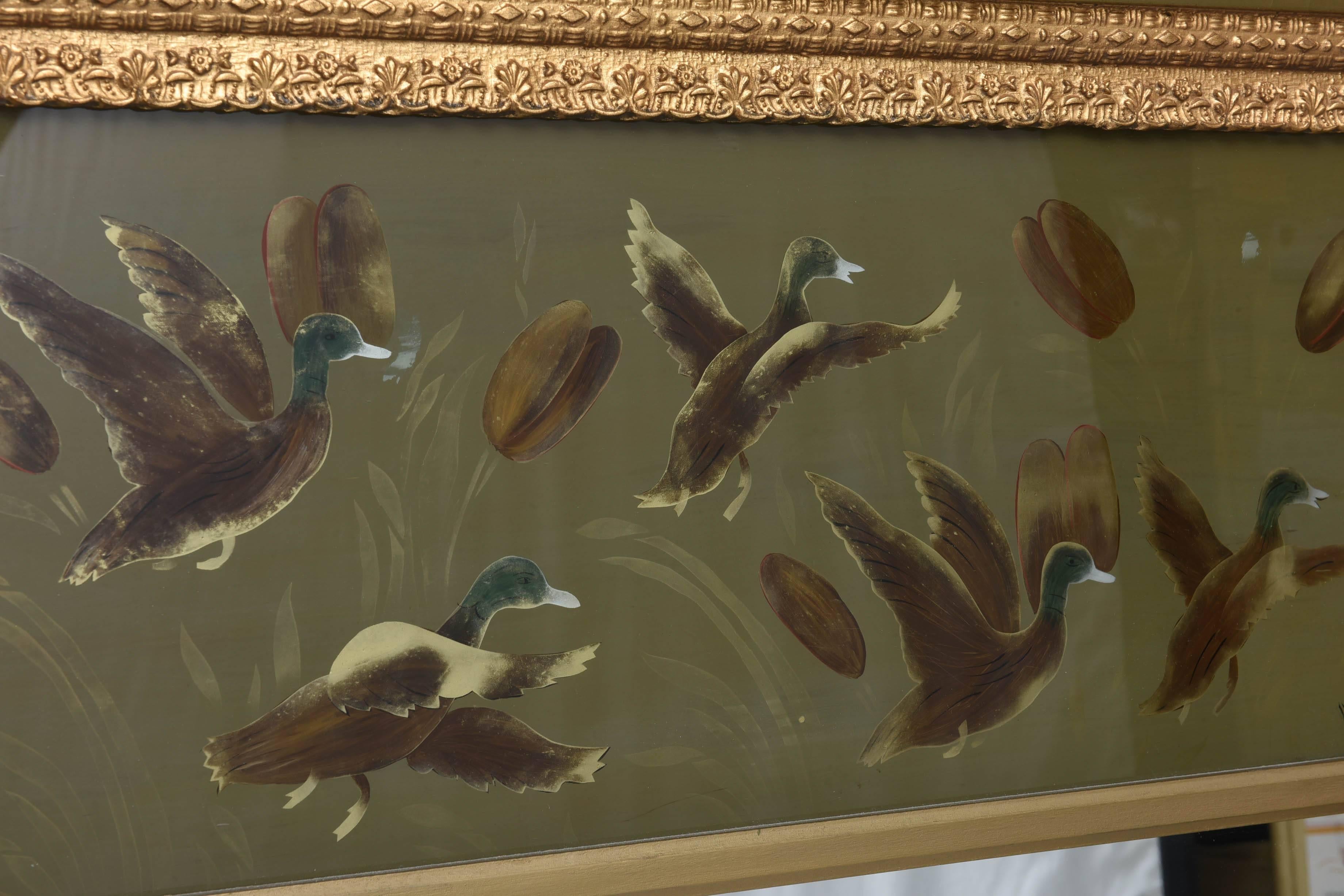Hand-Painted Vintage Mirror Giltwood Game Birds, Reversed Painted, Artist Signed