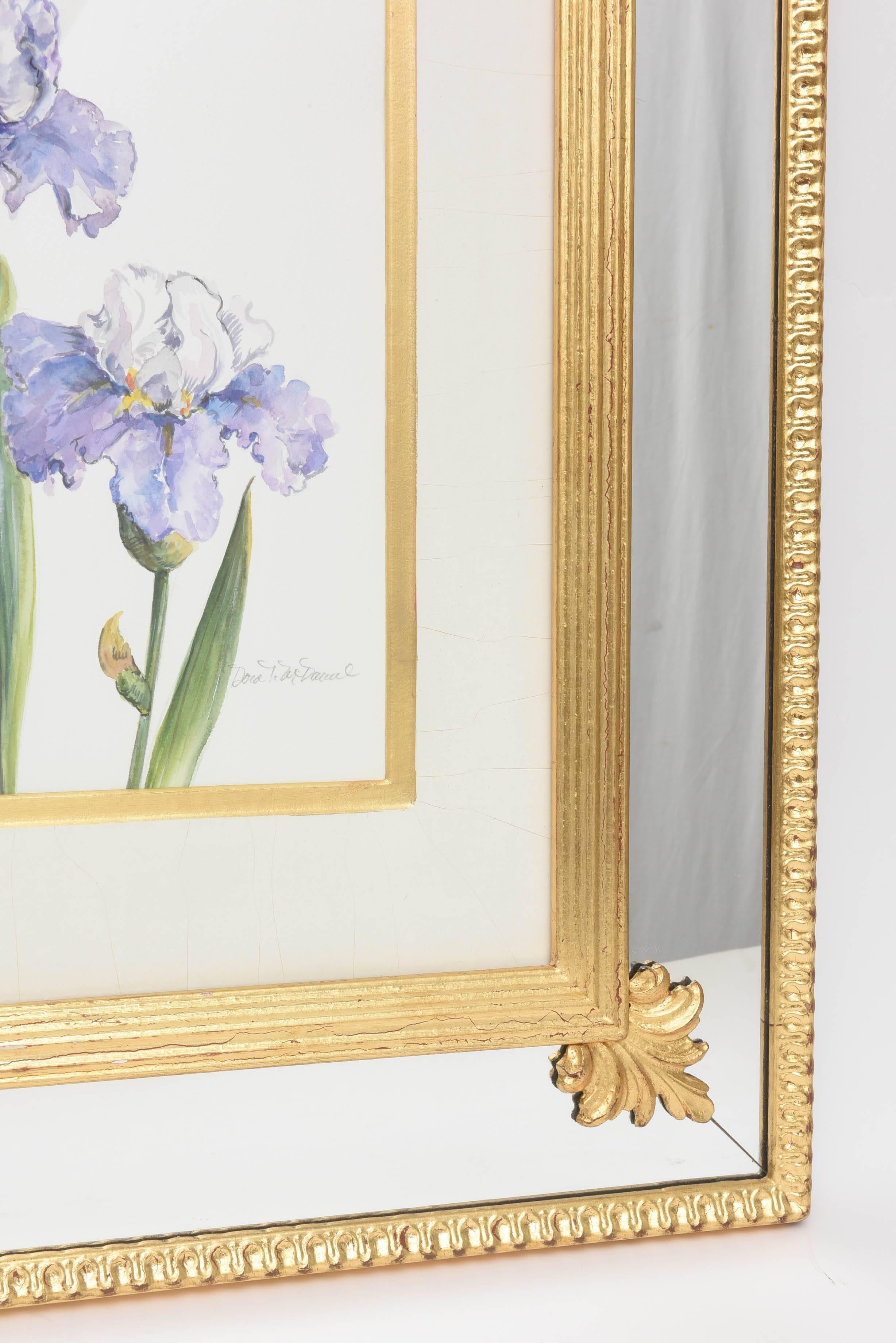 Iris Watercolor by Dorothy McDowell, Signed, Gilt Custom Mirror Frame In Good Condition In West Palm Beach, FL