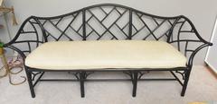Vintage McGuire Black Faux Bamboo Chinoiserie Styled Couch, Roll Arm Stretchers