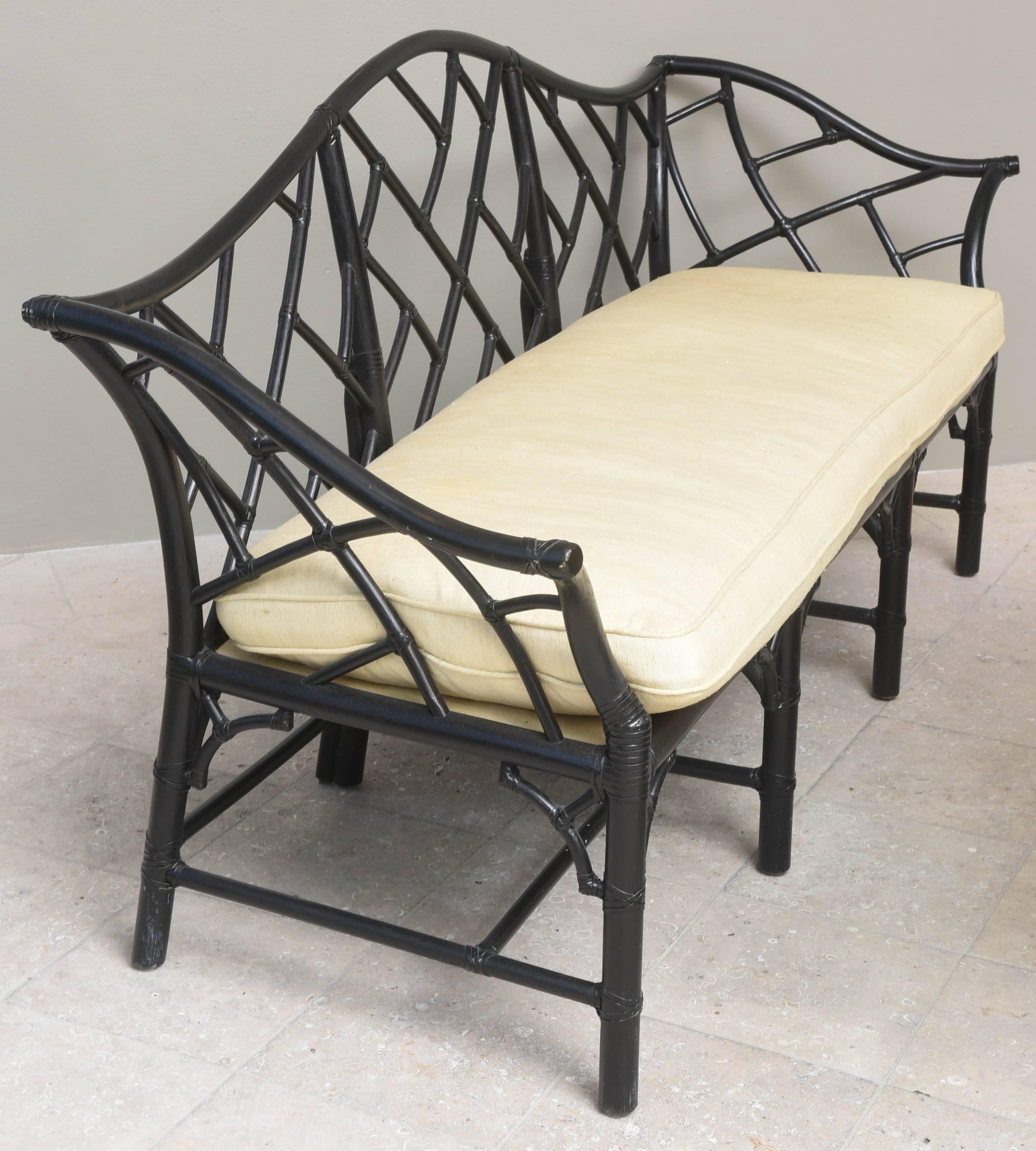 Vintage McGuire Black Faux Bamboo Chinoiserie Styled Couch, Roll Arm Stretchers In Good Condition In West Palm Beach, FL