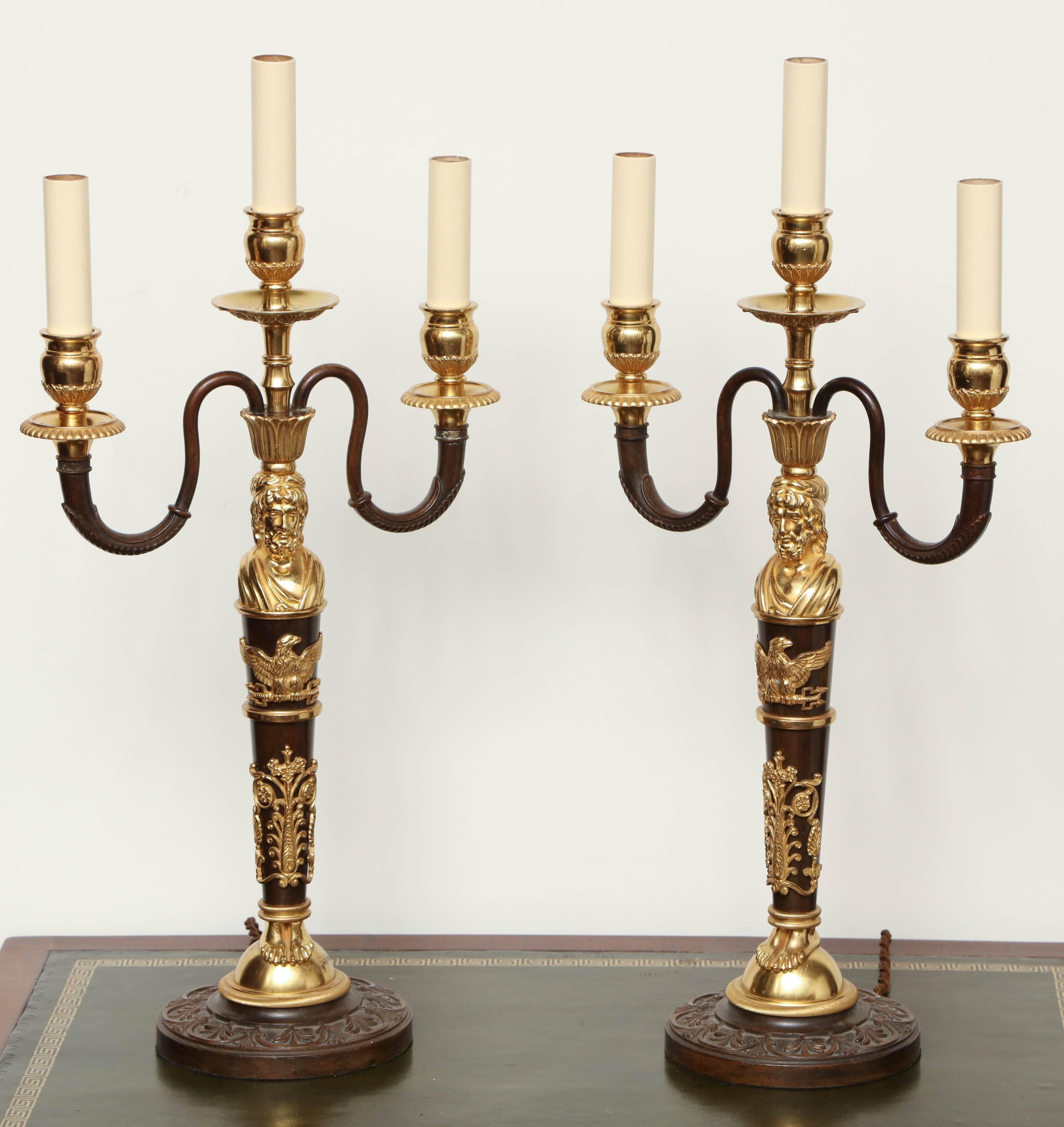 French Pair of Bronze and Gilt Bronze Three-Branch Candelabra Converted to Lamps