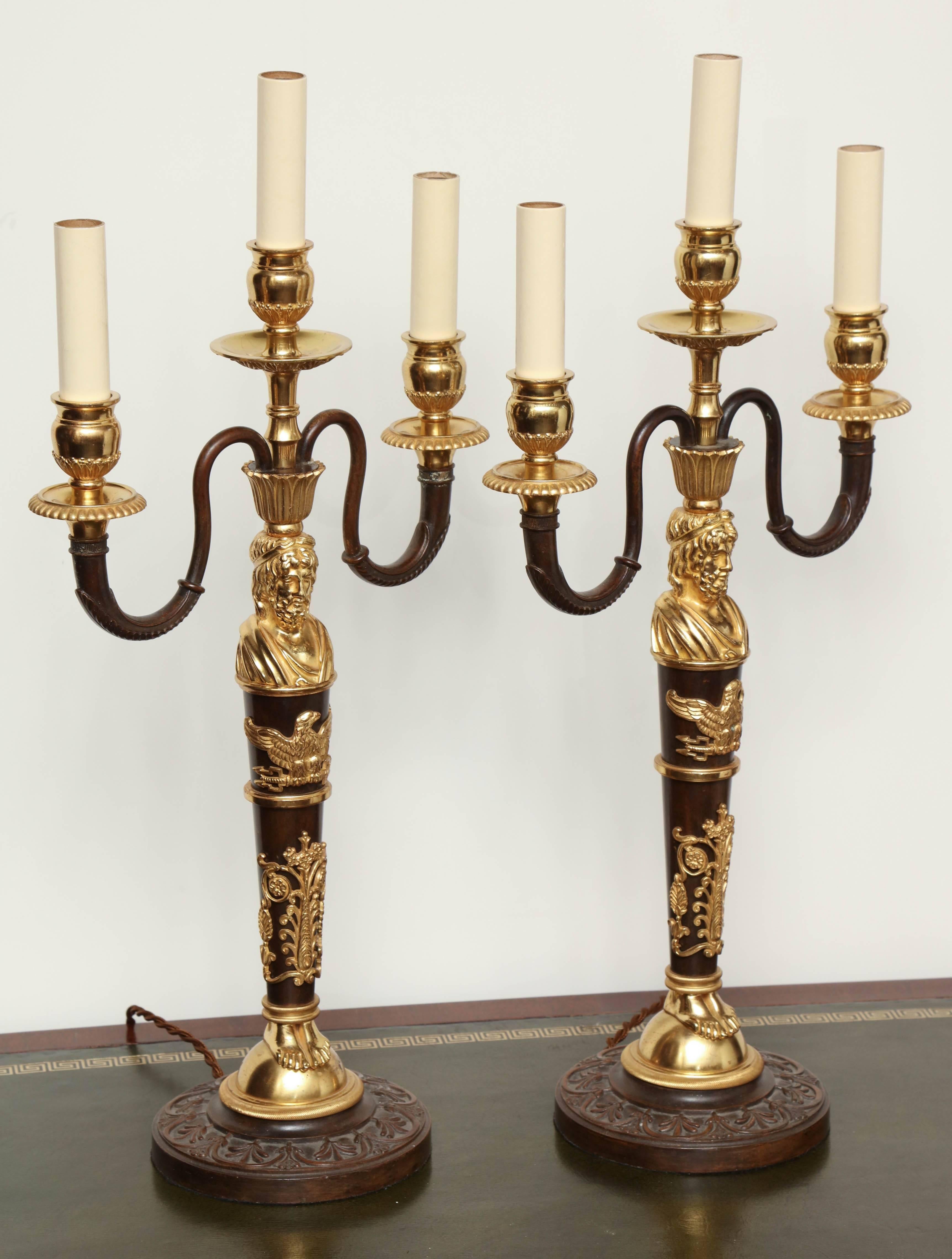 Pair of Bronze and Gilt Bronze Three-Branch Candelabra Converted to Lamps In Excellent Condition In New York, NY
