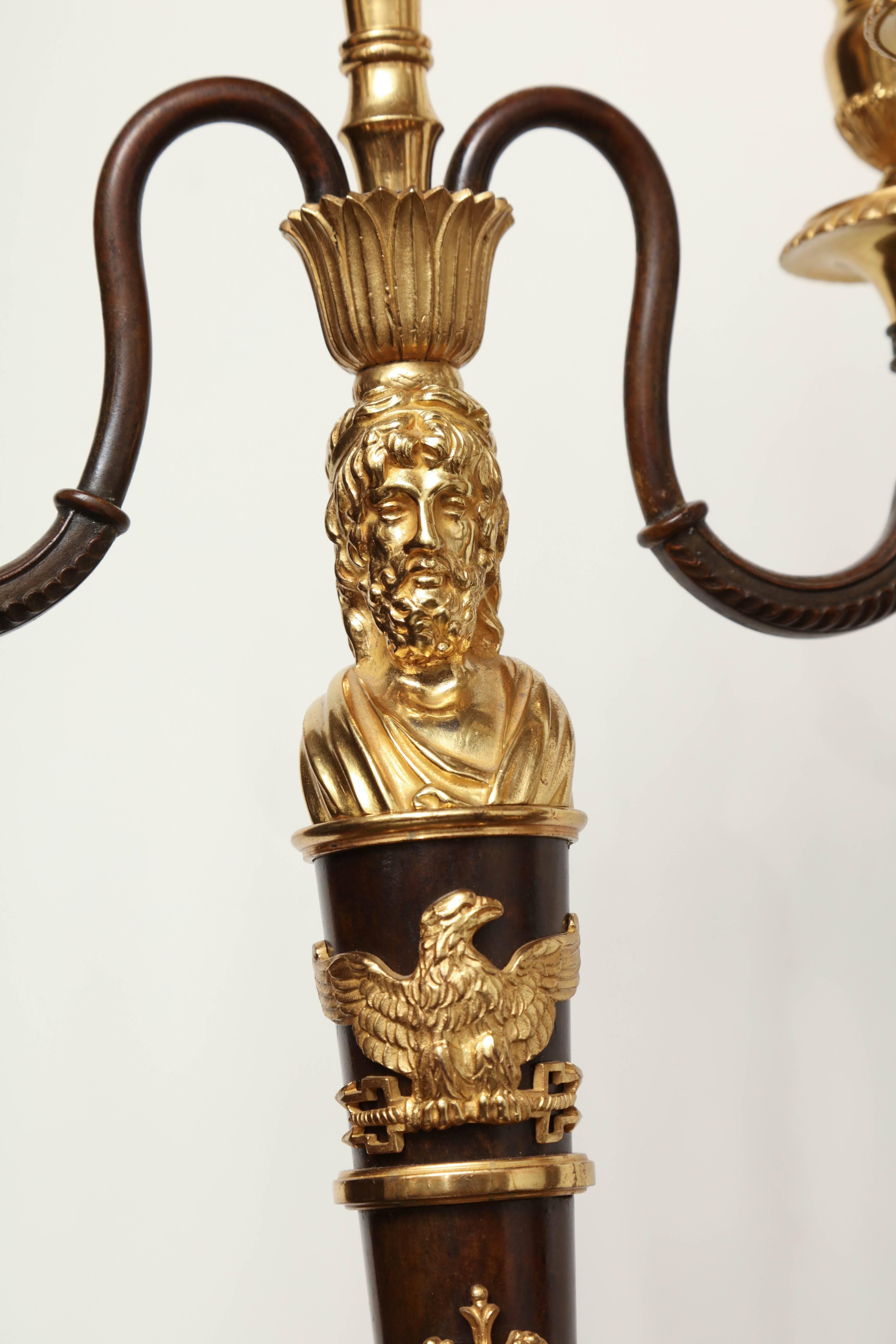 Pair of Bronze and Gilt Bronze Three-Branch Candelabra Converted to Lamps 1