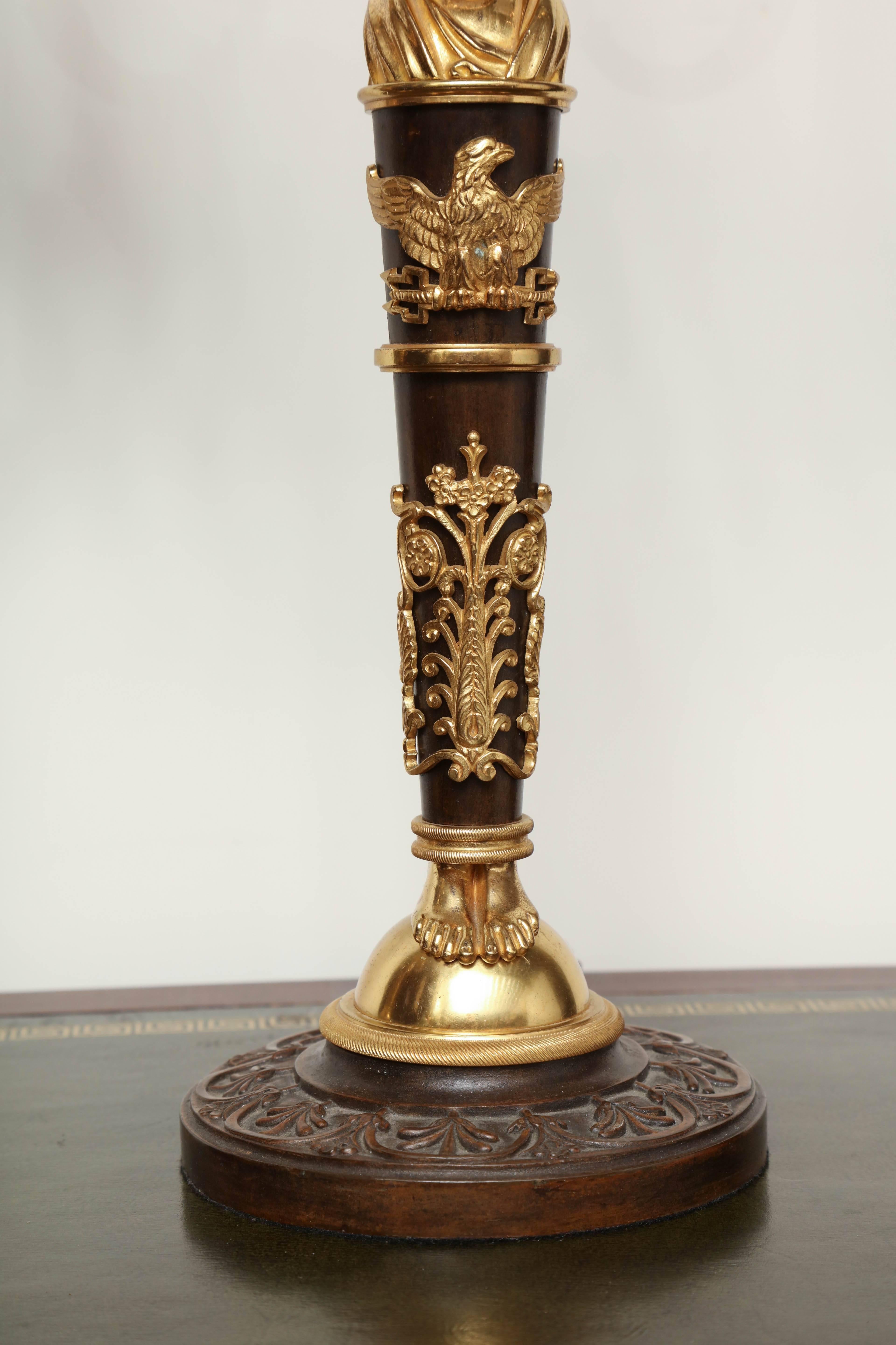 Pair of Bronze and Gilt Bronze Three-Branch Candelabra Converted to Lamps 3