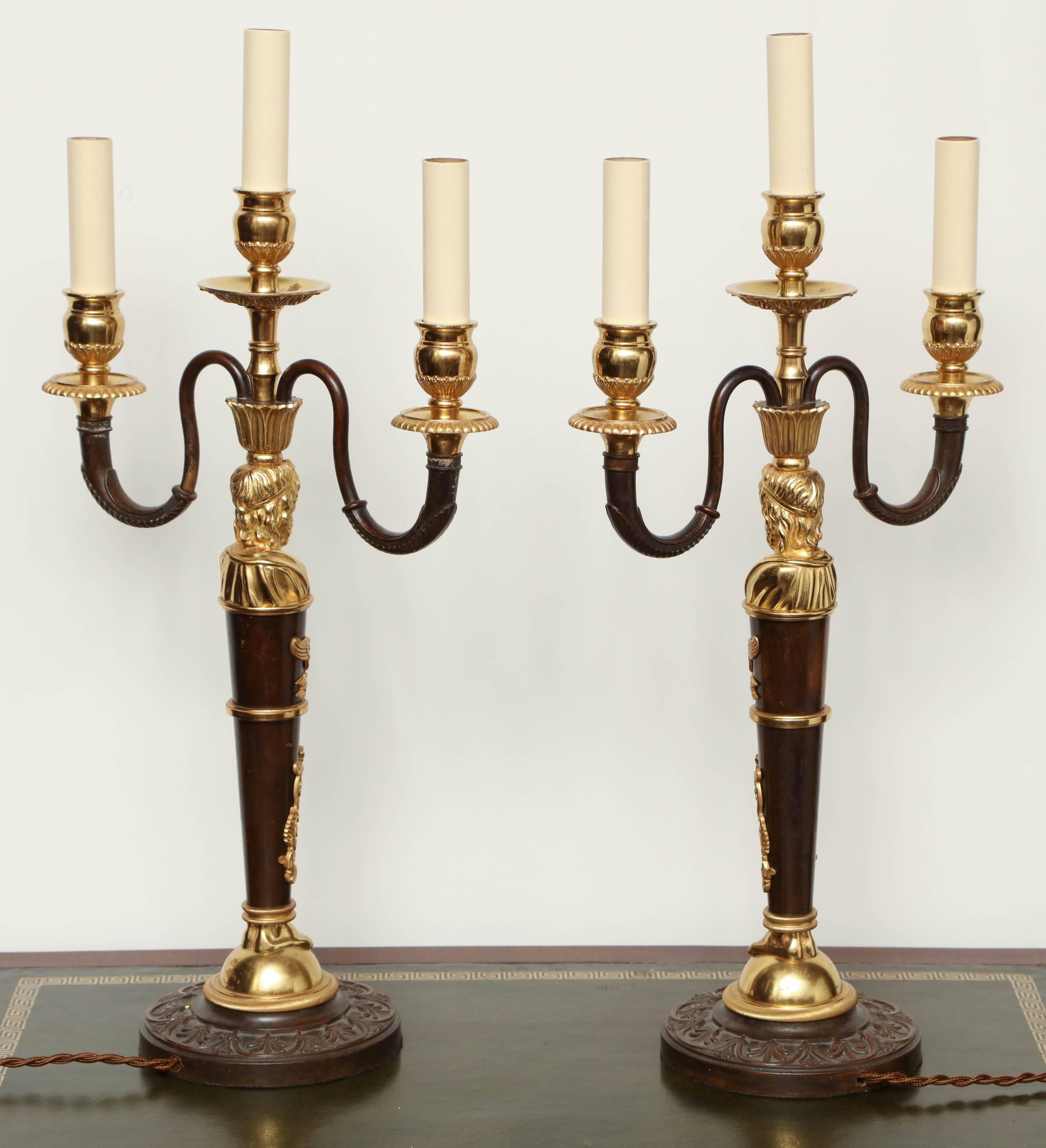 Pair of Bronze and Gilt Bronze Three-Branch Candelabra Converted to Lamps 4