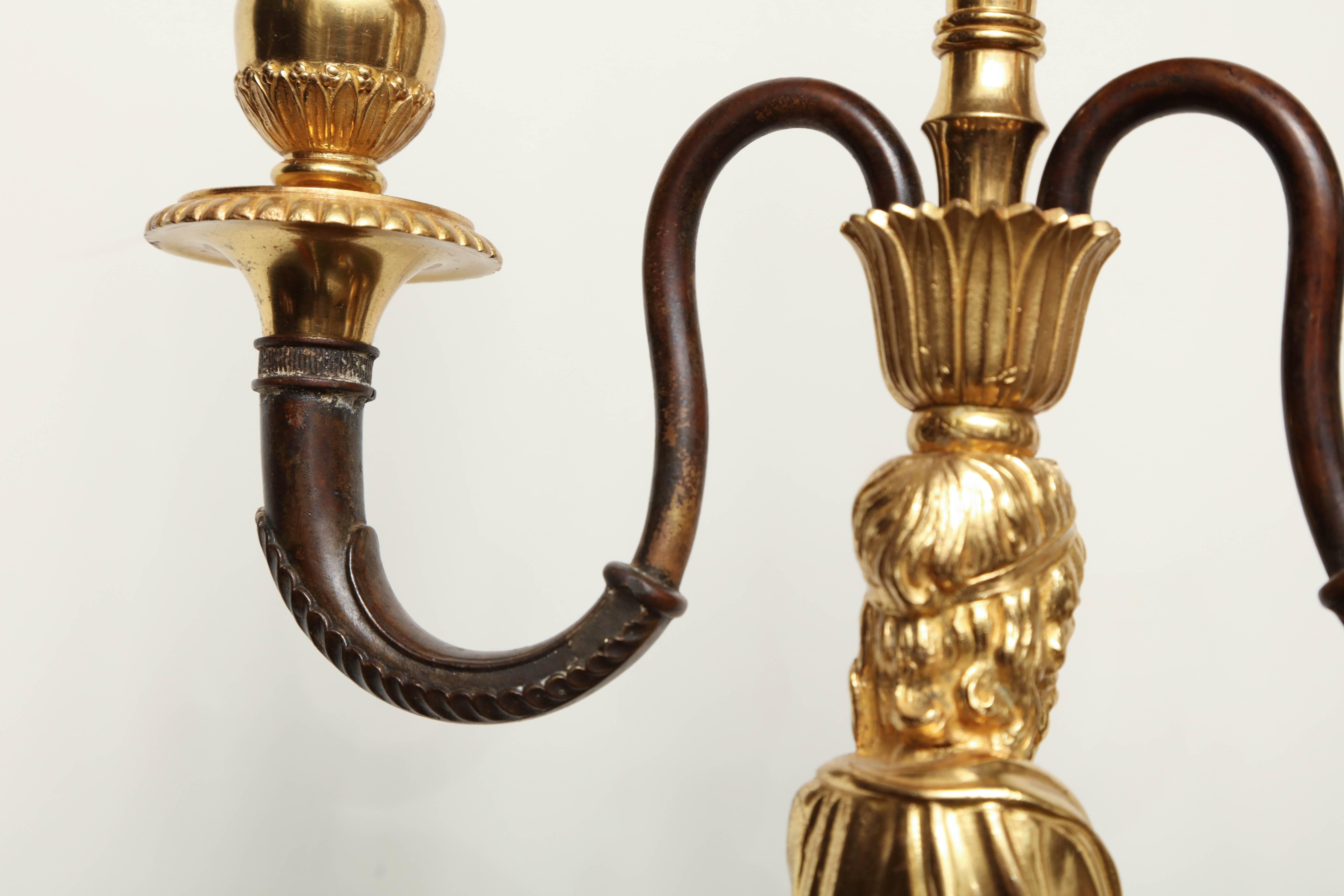 Pair of Bronze and Gilt Bronze Three-Branch Candelabra Converted to Lamps 5