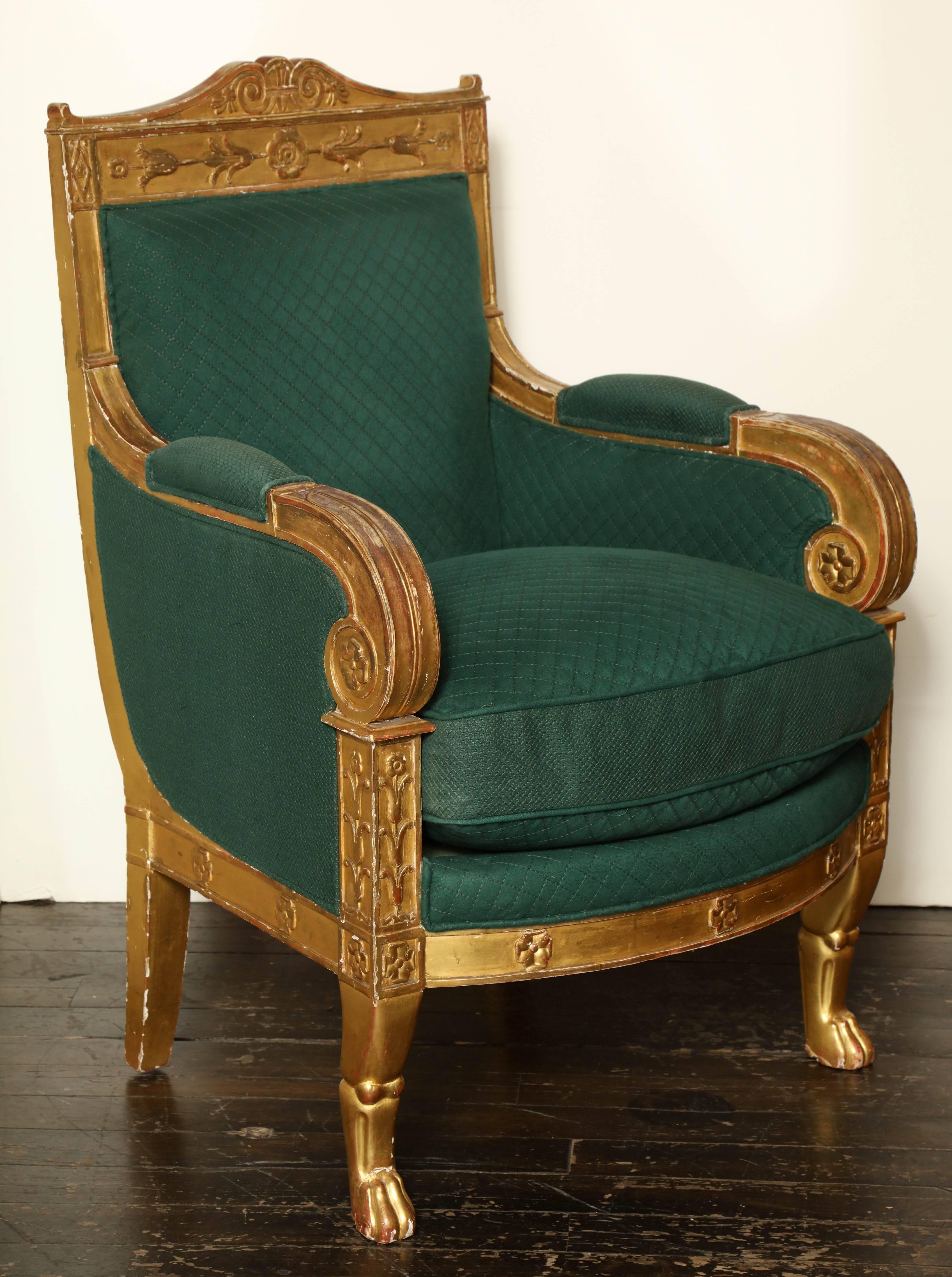 Pair of French gilded armchairs stamped Jacob D. Meslee.
Provenance, Versace.
The association of Francois Honore, George Jacob and Georges II Jacob.
Between 1796 and 1803.