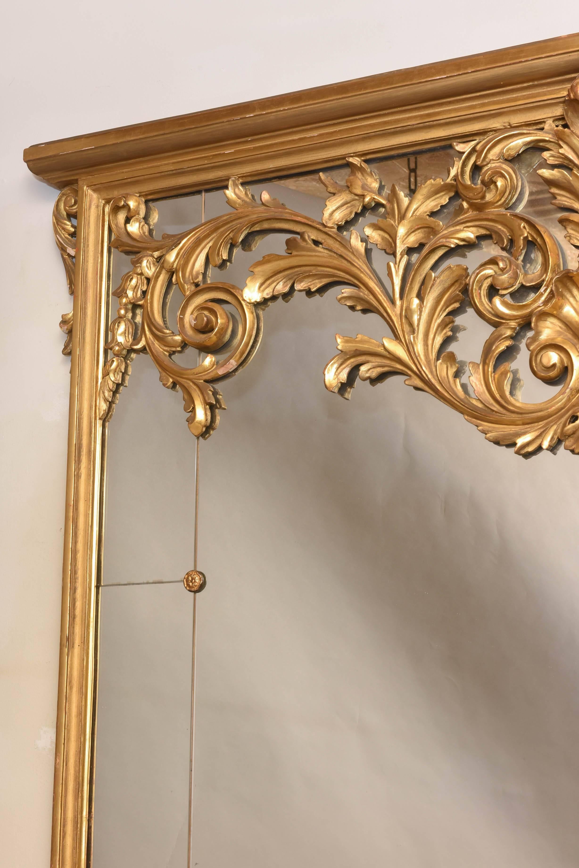 British Large Sized, Victorian Giltwood Overmantle Mirror, with Scrolling Pediment