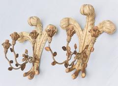 Unusual Pair of Italian Carved Wood "Duke of Windsor" Wall Sconces