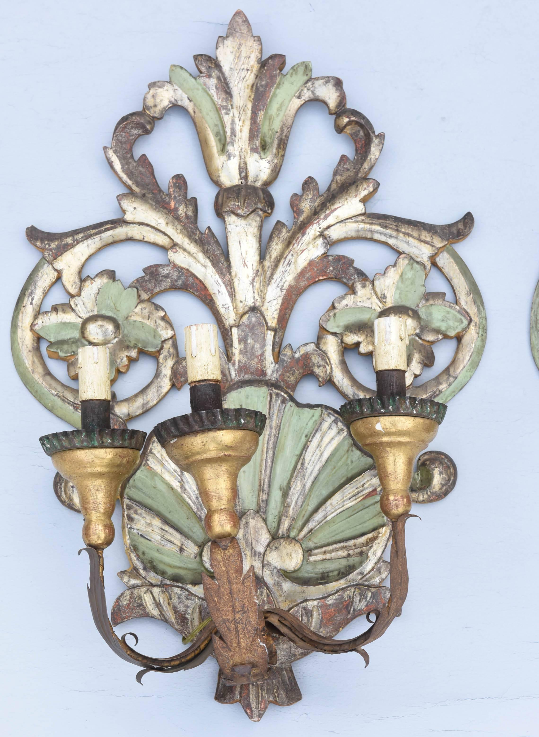 Pair of Silver Gilt and Painted Italian, 19th Century, Three-Arm Sconces In Excellent Condition In West Palm Beach, FL