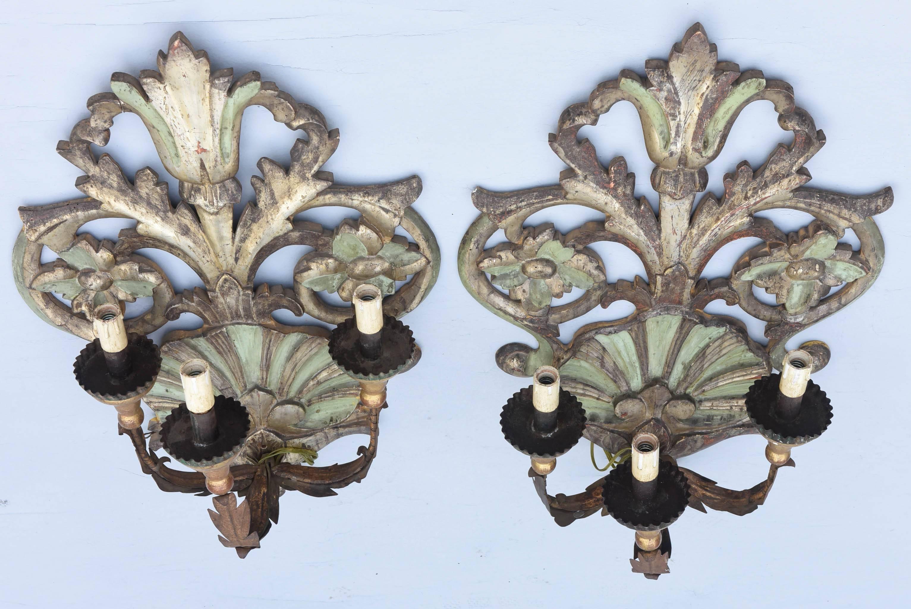 Pair of Silver Gilt and Painted Italian, 19th Century, Three-Arm Sconces 1