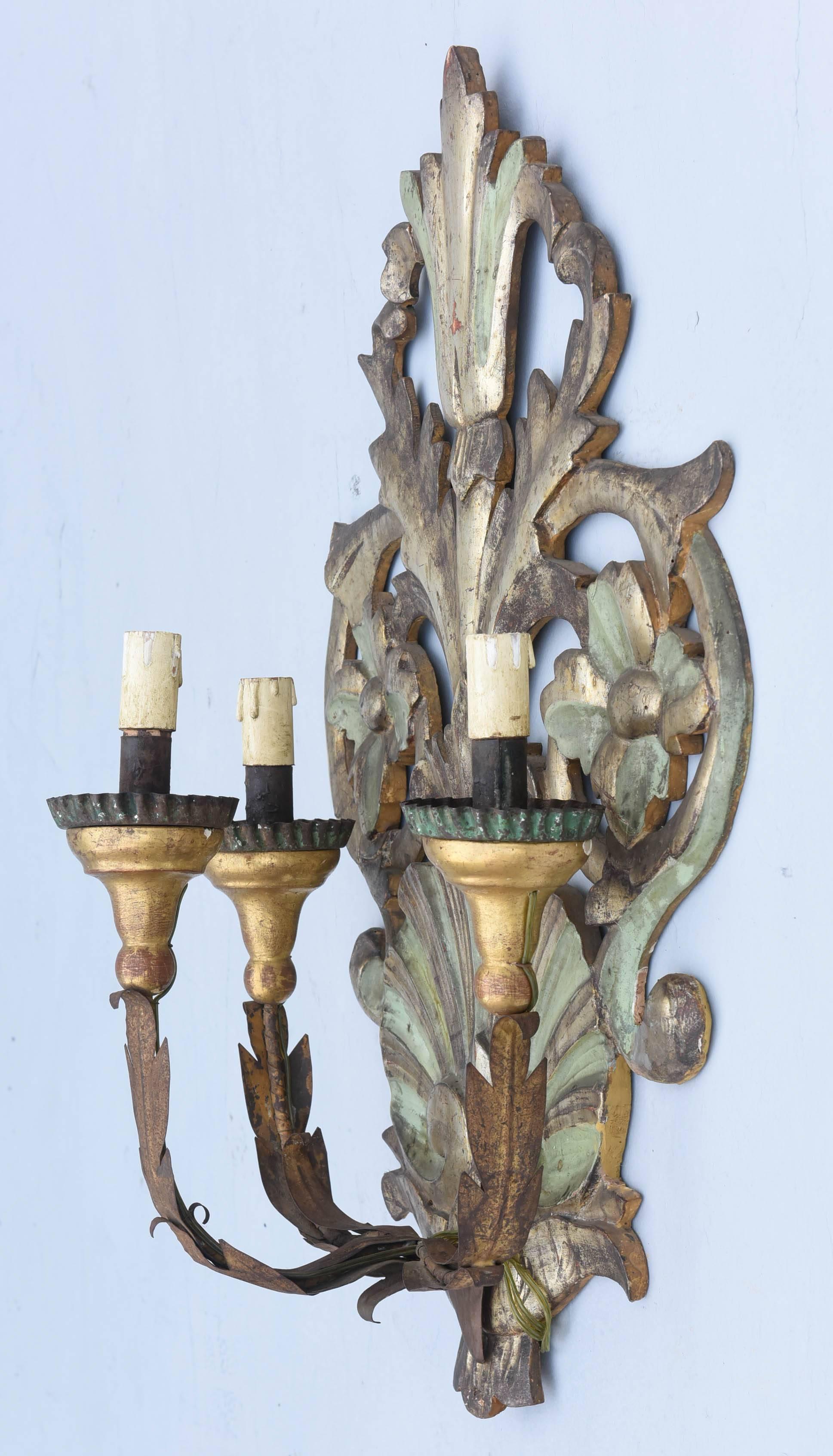 Pair of Silver Gilt and Painted Italian, 19th Century, Three-Arm Sconces 3